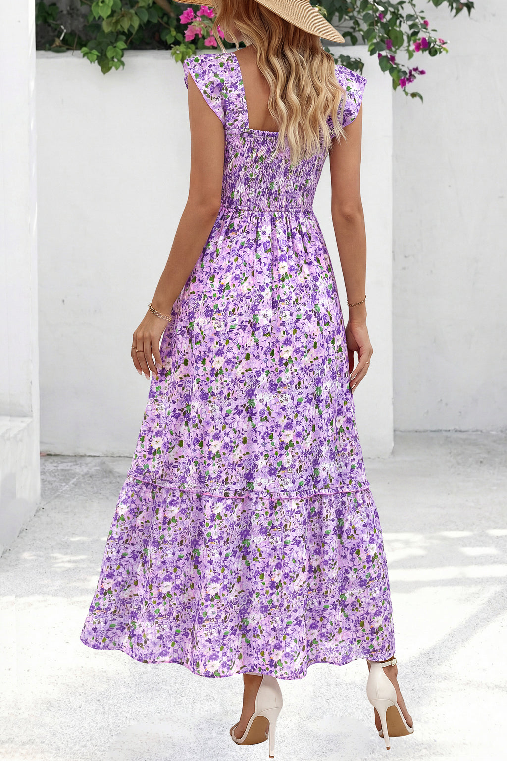 dowerme Womens Summer Maxi Dresses 2026 Casual Ruffle Sleeve Button Smocked Floral Slit Boho Dress Spring Beach Sundress