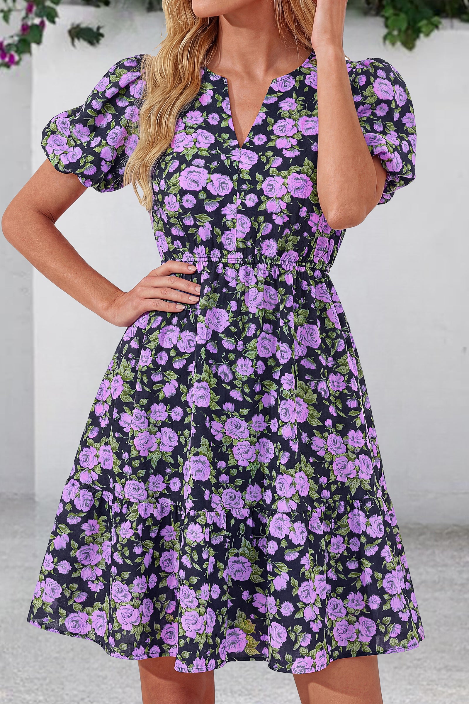 dowerme Women Summer Casual Dresses 2026 Puff Short Sleeve V Neck Floral Boho Midi Dress Flowy Ruffle Spring Sundress
