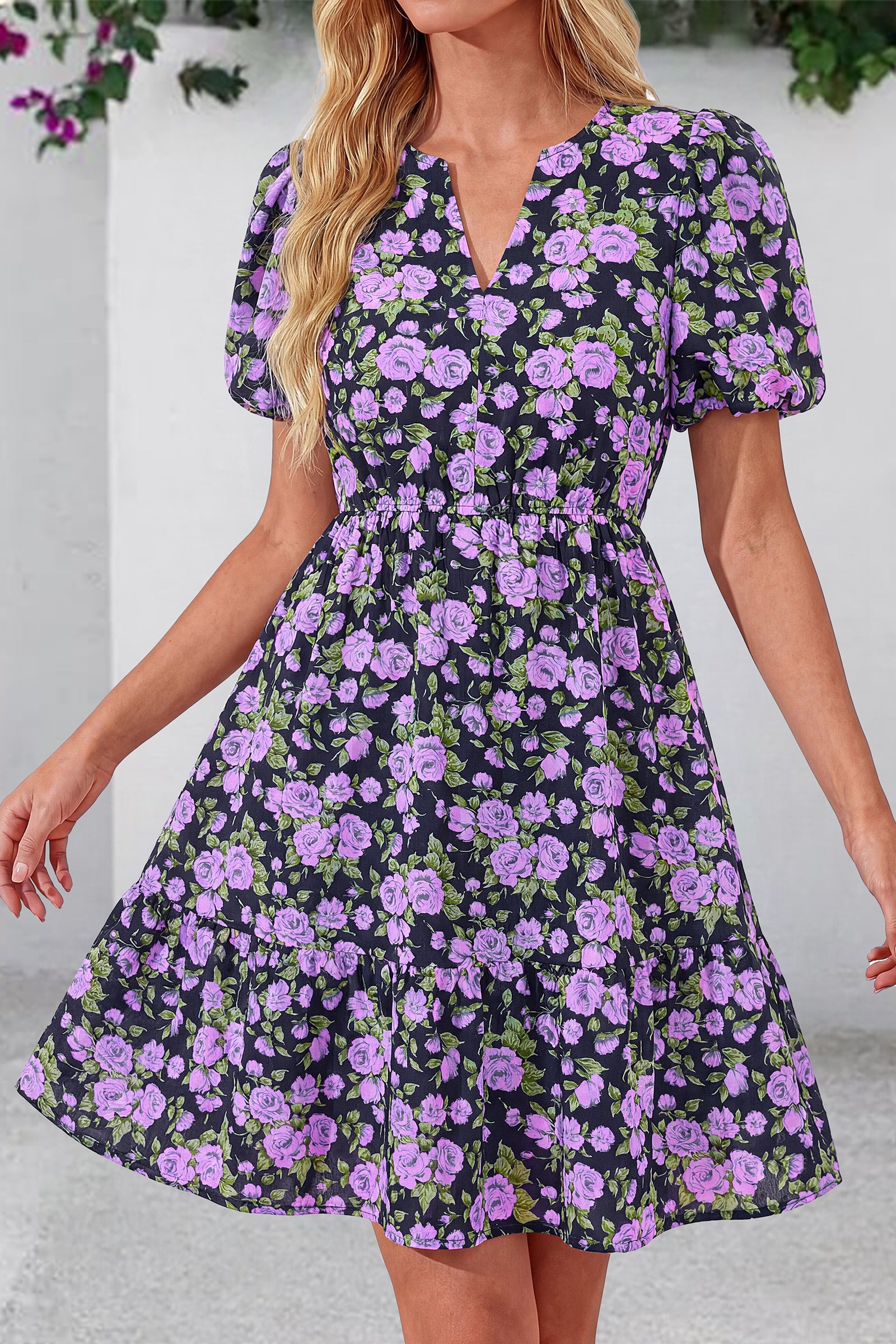 dowerme Women Summer Casual Dresses 2026 Puff Short Sleeve V Neck Floral Boho Midi Dress Flowy Ruffle Spring Sundress