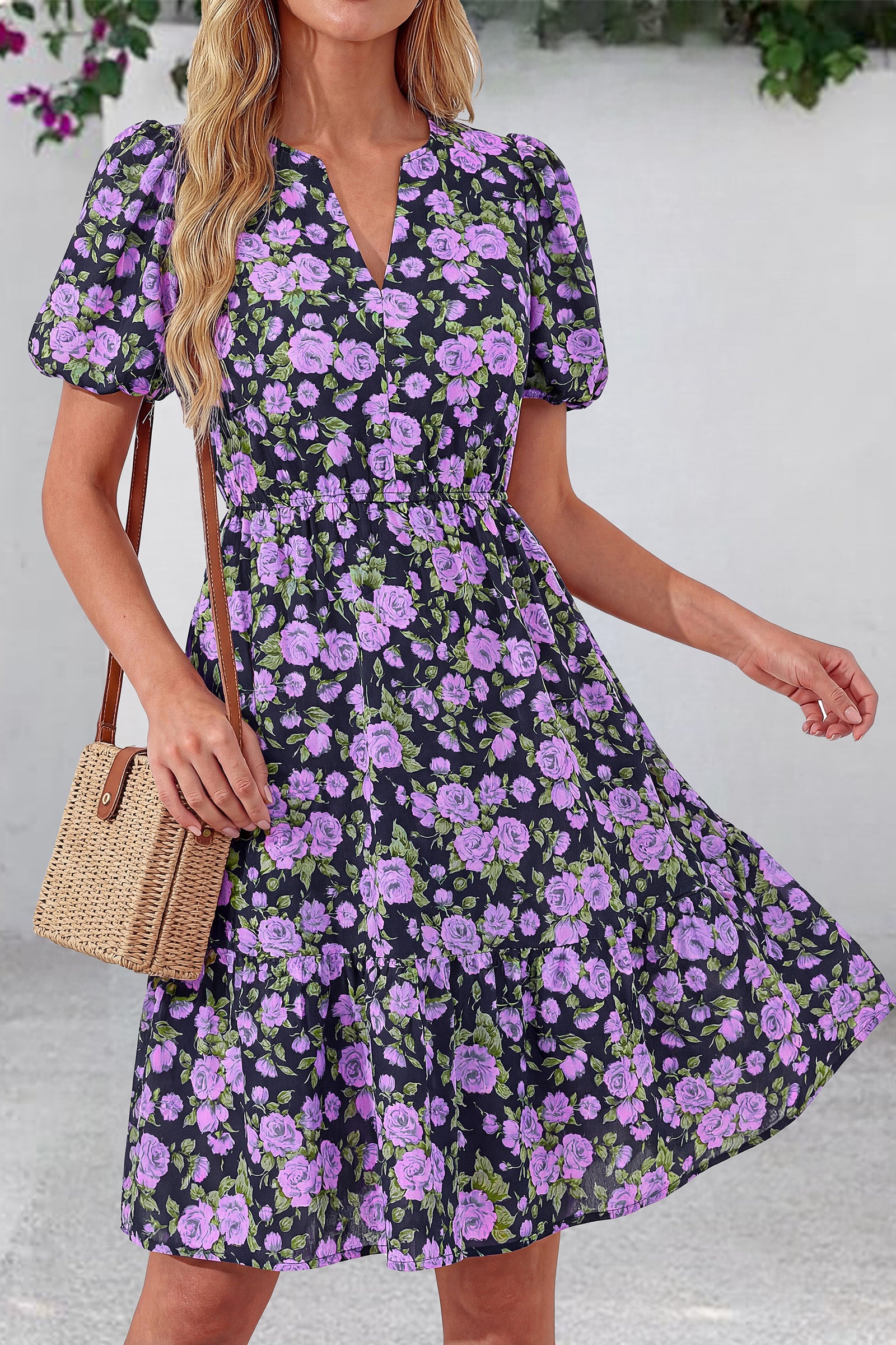 dowerme Women Summer Casual Dresses 2026 Puff Short Sleeve V Neck Floral Boho Midi Dress Flowy Ruffle Spring Sundress
