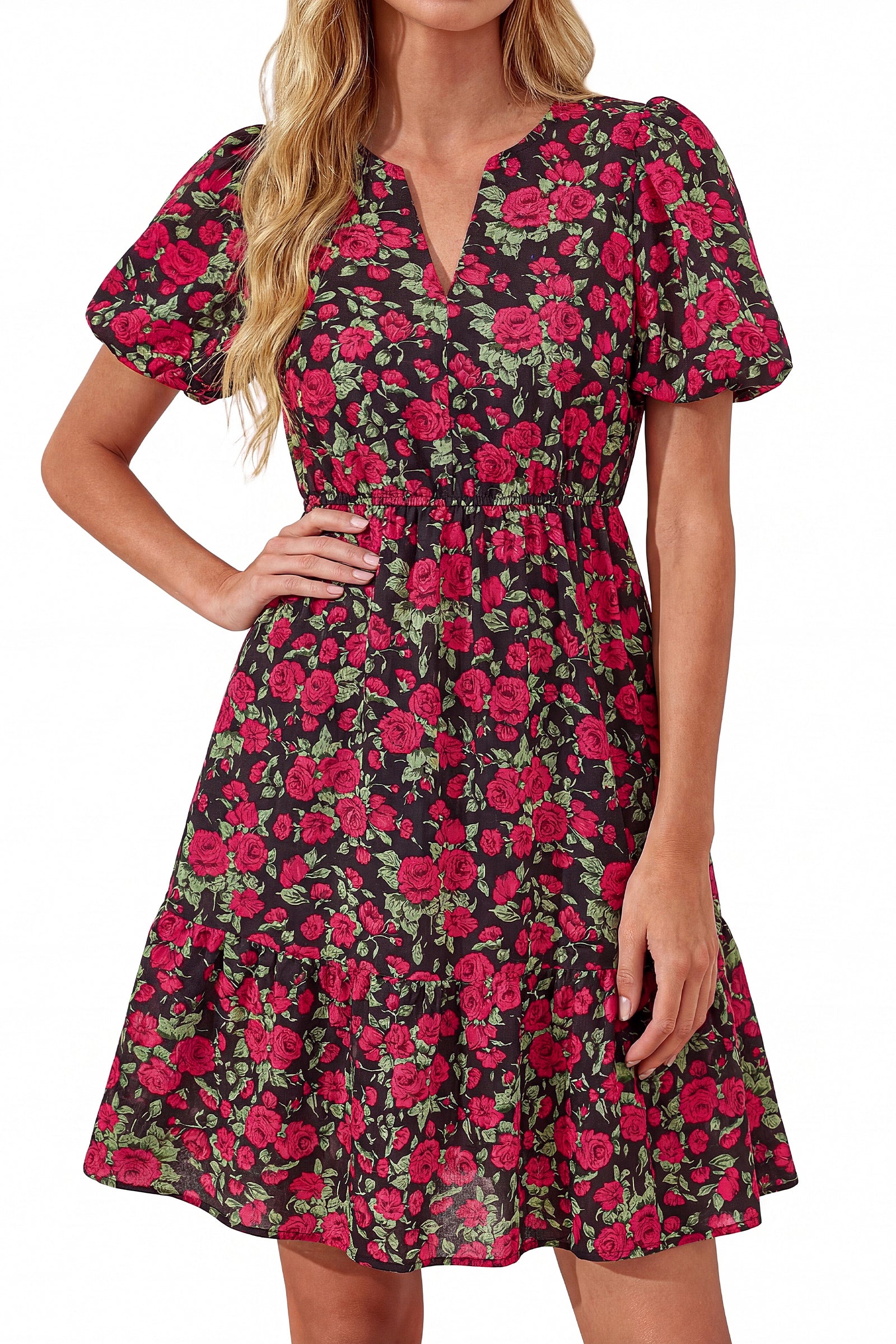 dowerme Women Summer Casual Dresses 2026 Puff Short Sleeve V Neck Floral Boho Midi Dress Flowy Ruffle Spring Sundress