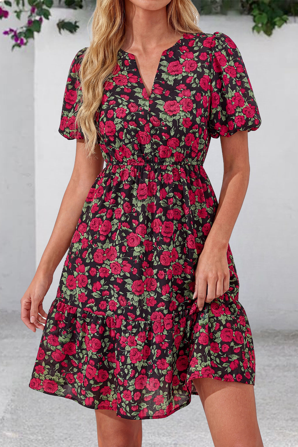 dowerme Women Summer Casual Dresses 2026 Puff Short Sleeve V Neck Floral Boho Midi Dress Flowy Ruffle Spring Sundress