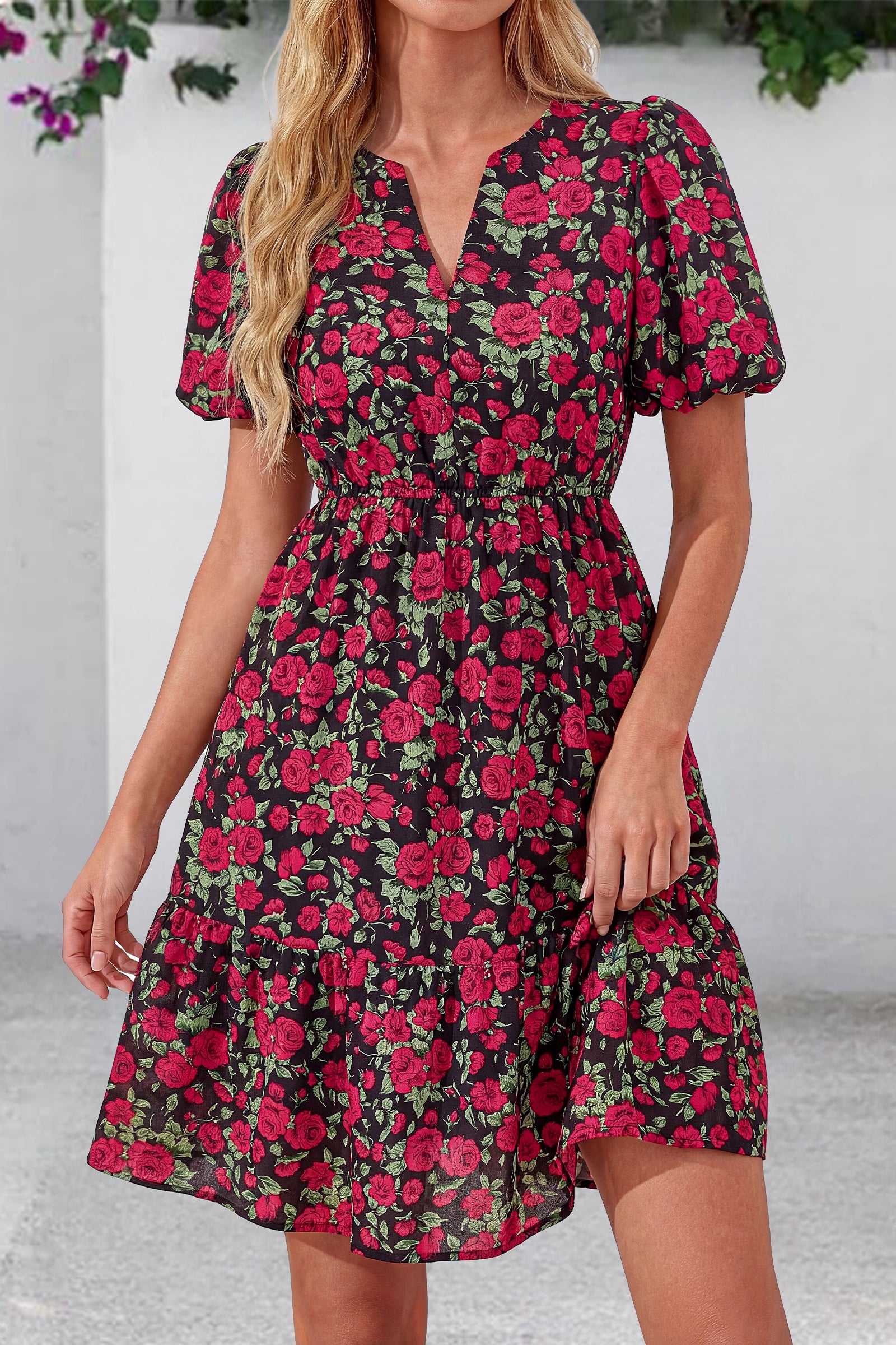 dowerme Women Summer Casual Dresses 2026 Puff Short Sleeve V Neck Floral Boho Midi Dress Flowy Ruffle Spring Sundress