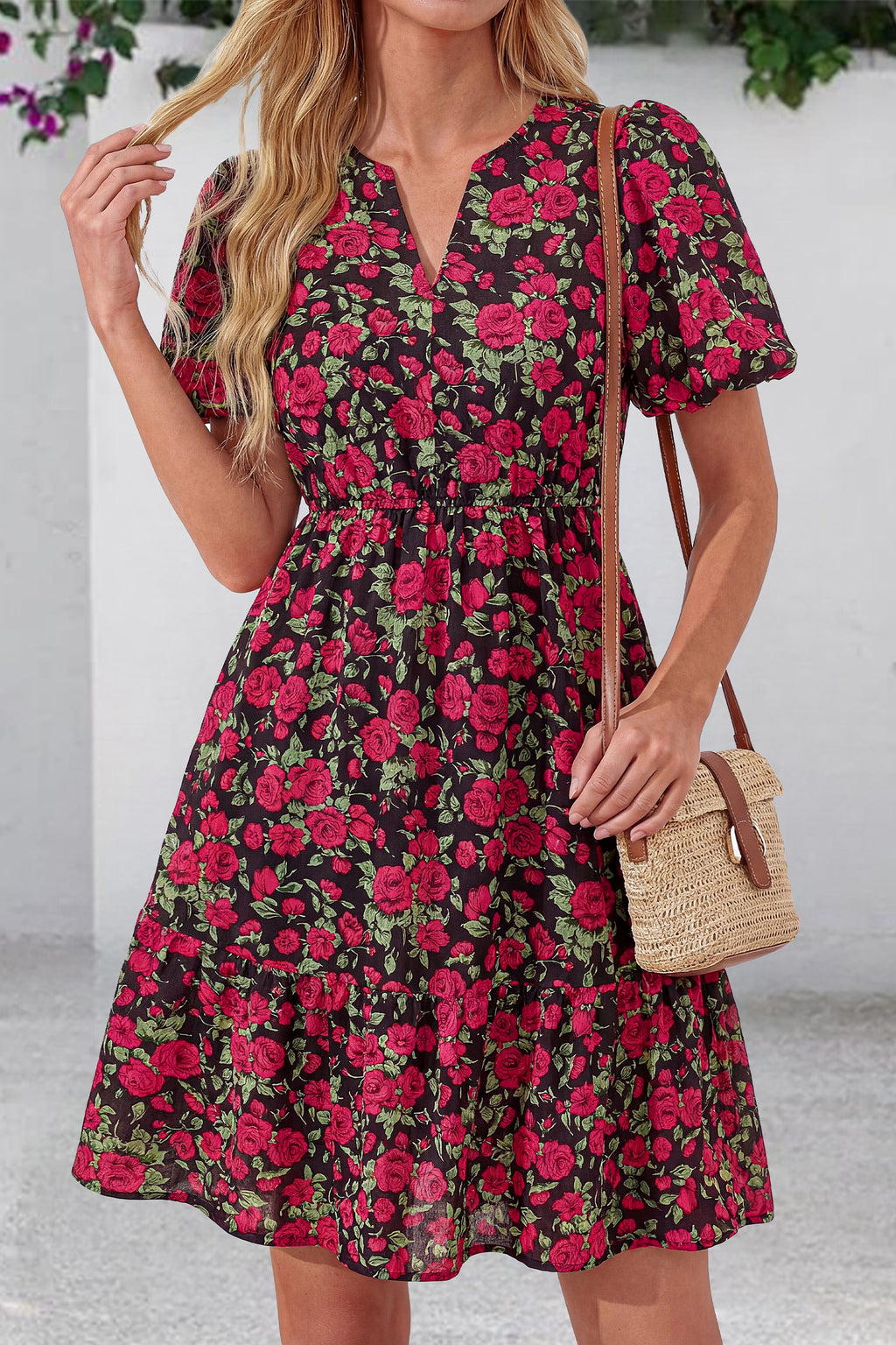 dowerme Women Summer Casual Dresses 2026 Puff Short Sleeve V Neck Floral Boho Midi Dress Flowy Ruffle Spring Sundress