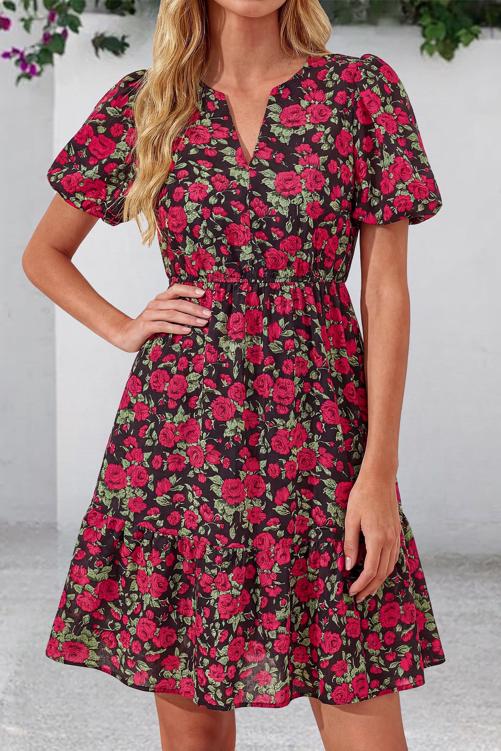 dowerme Women Summer Casual Dresses 2026 Puff Short Sleeve V Neck Floral Boho Midi Dress Flowy Ruffle Spring Sundress