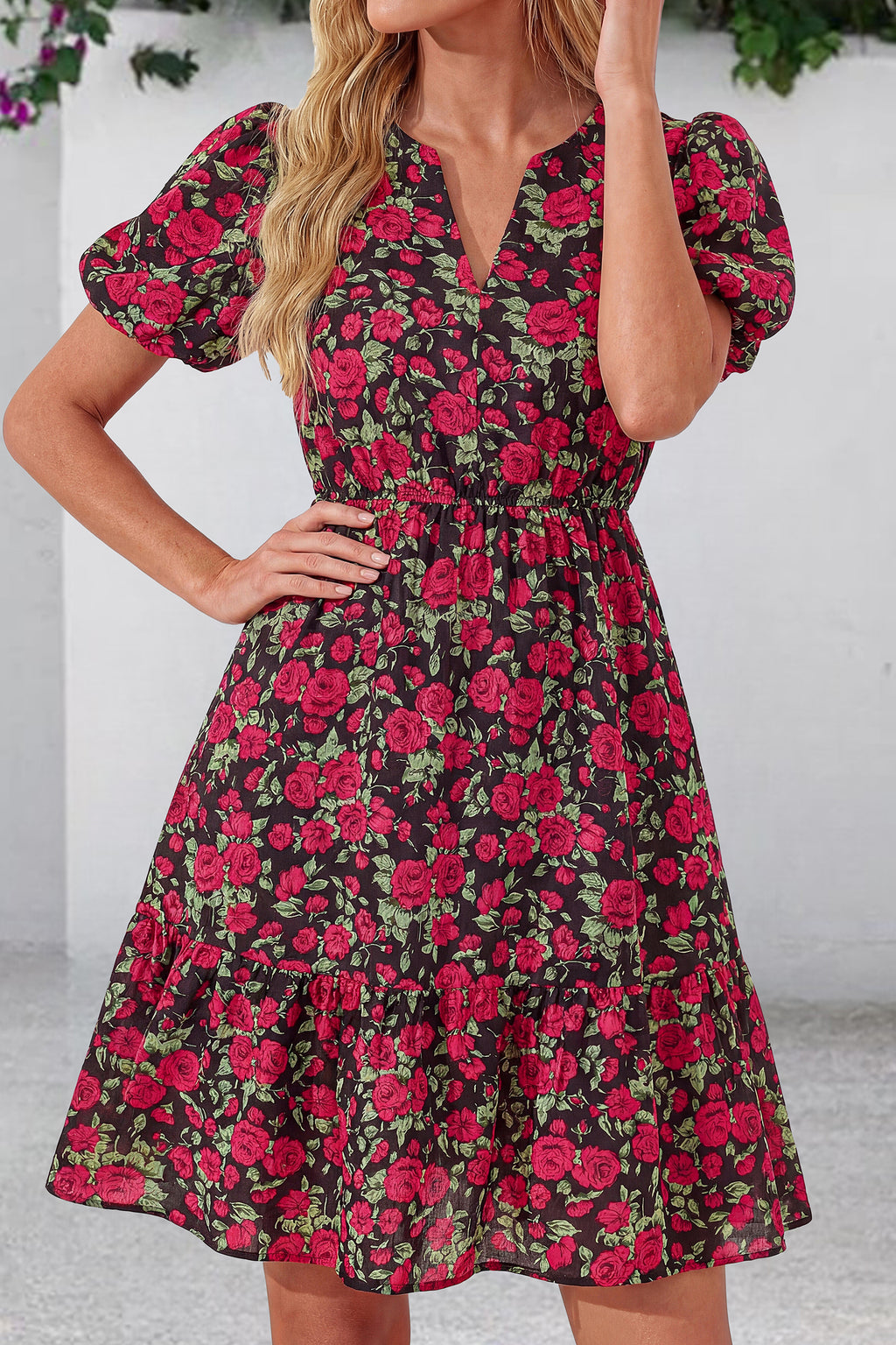dowerme Women Summer Casual Dresses 2026 Puff Short Sleeve V Neck Floral Boho Midi Dress Flowy Ruffle Spring Sundress