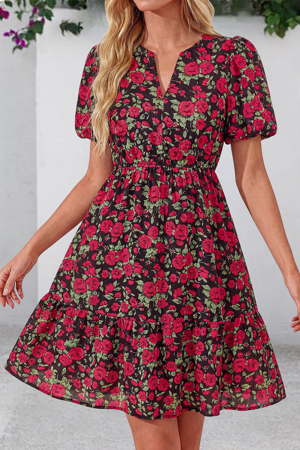 dowerme Women Summer Casual Dresses 2026 Puff Short Sleeve V Neck Floral Boho Midi Dress Flowy Ruffle Spring Sundress