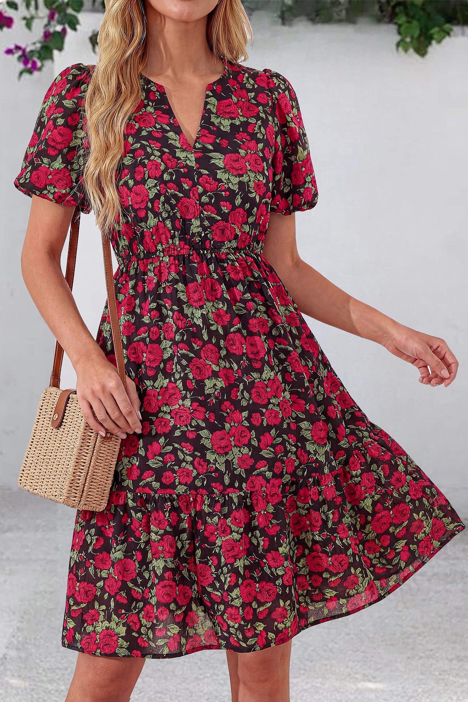 dowerme Women Summer Casual Dresses 2026 Puff Short Sleeve V Neck Floral Boho Midi Dress Flowy Ruffle Spring Sundress