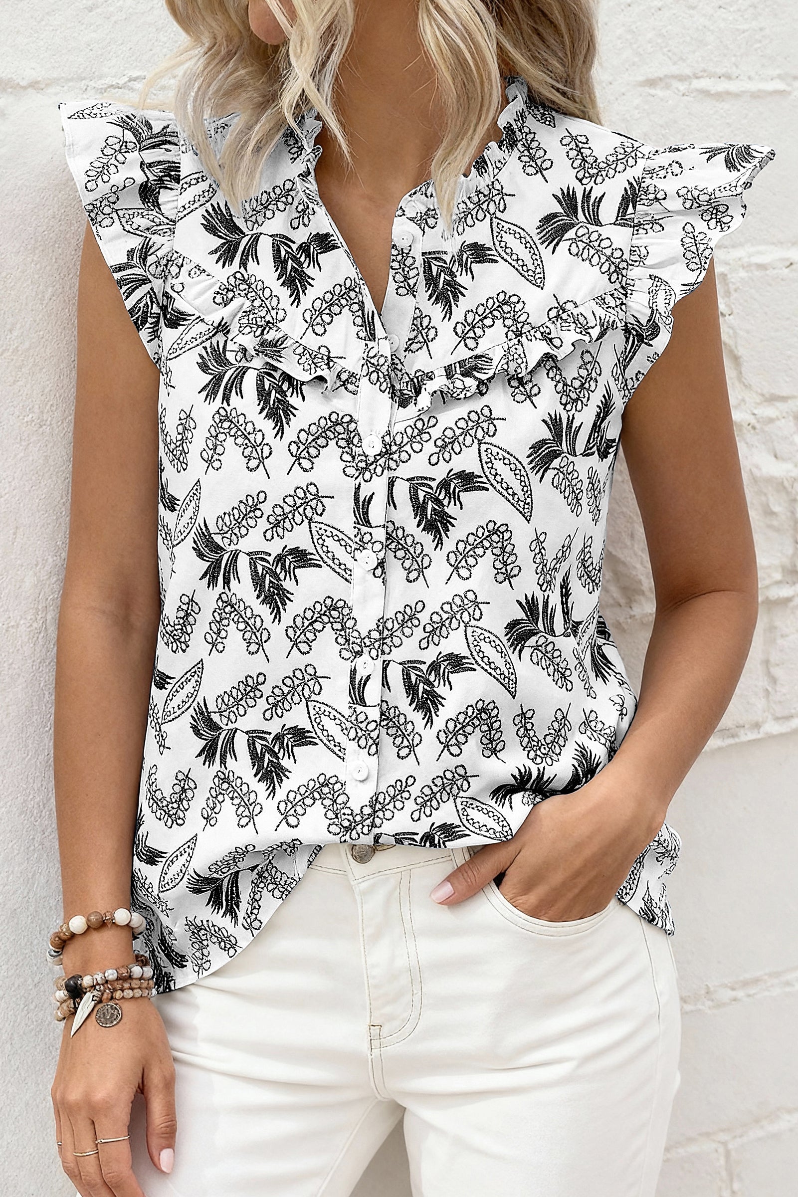 dowerme Womens Spring Tops 2026 Cute Ruffle Cap Sleeve V Neck Floral Boho Blouses Button Down Work Shirts Summer Outfits