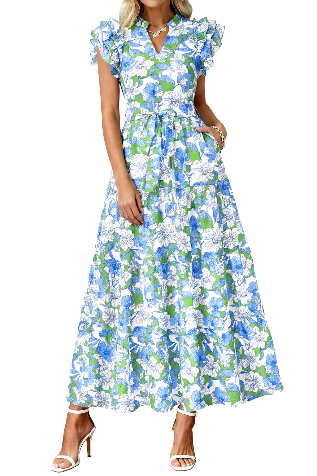 dowerme Women Summer Maxi Dresses 2026 Ruffle Sleeve V Neck Floral Boho Long Dress Belted Tiered Sundress With Pockets