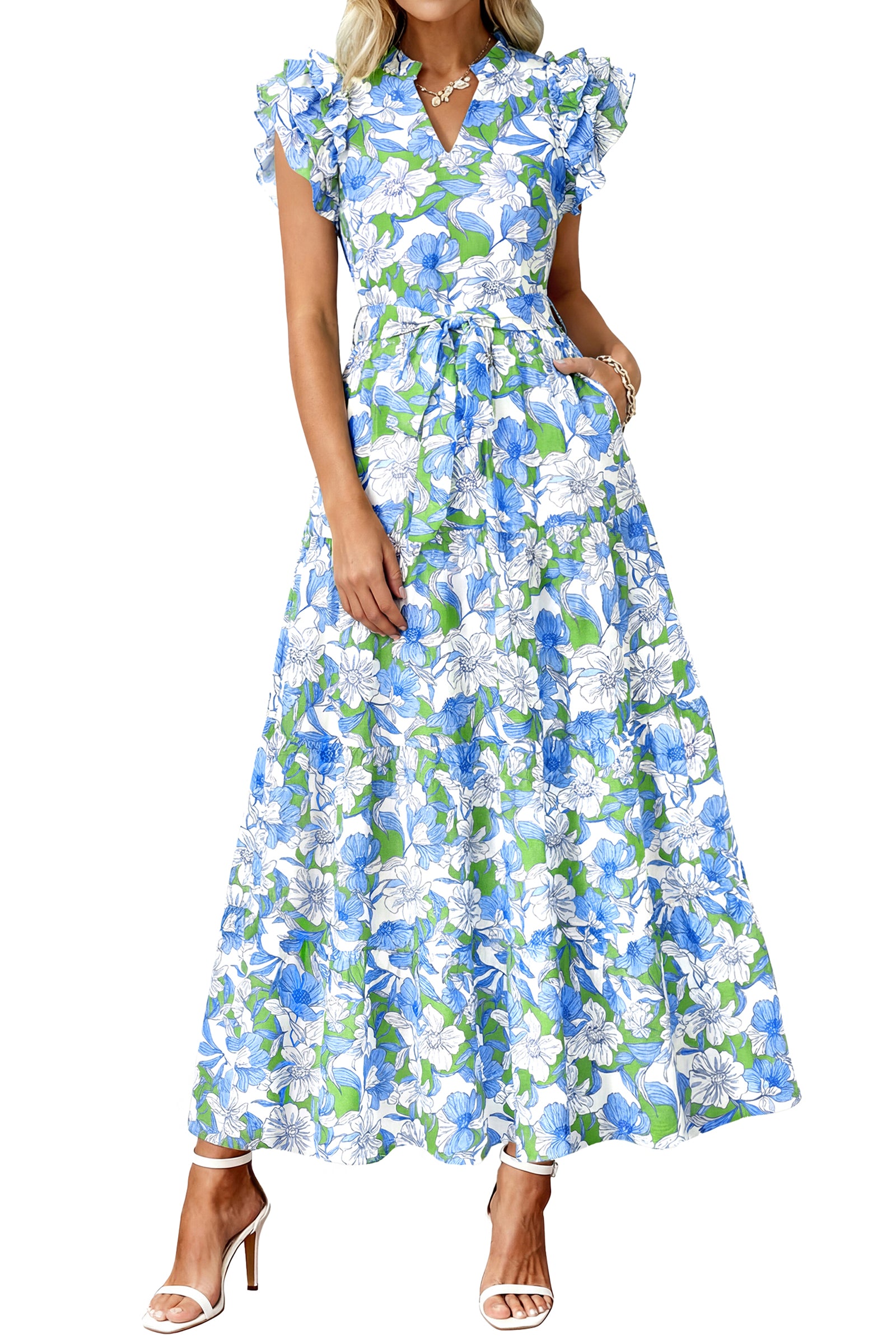 dowerme Women Summer Maxi Dresses 2026 Ruffle Sleeve V Neck Floral Boho Long Dress Belted Tiered Sundress With Pockets