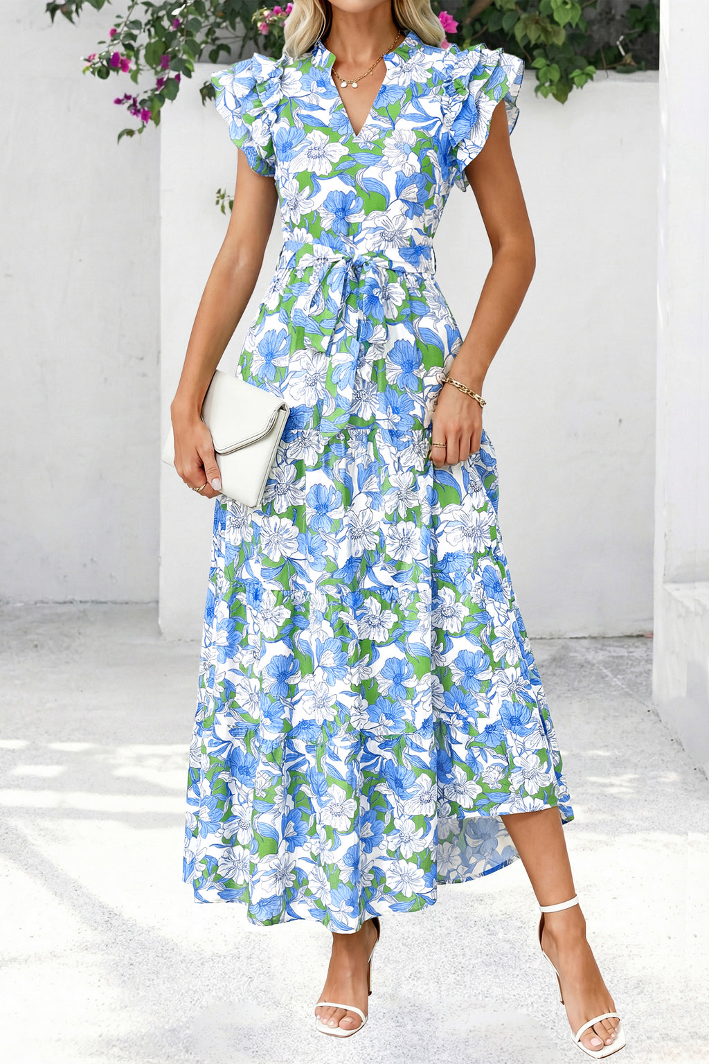 dowerme Women Summer Maxi Dresses 2026 Ruffle Sleeve V Neck Floral Boho Long Dress Belted Tiered Sundress With Pockets