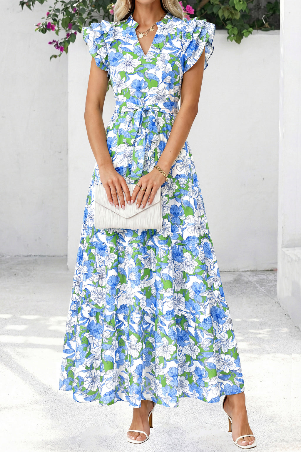 dowerme Women Summer Maxi Dresses 2026 Ruffle Sleeve V Neck Floral Boho Long Dress Belted Tiered Sundress With Pockets