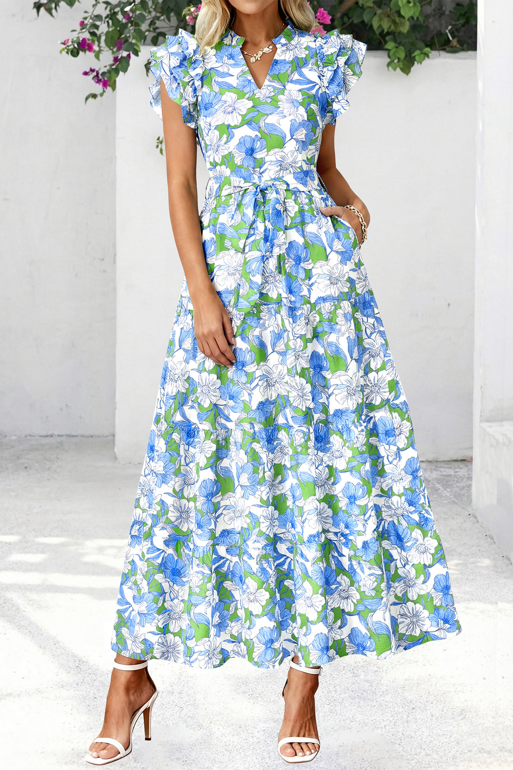 dowerme Women Summer Maxi Dresses 2026 Ruffle Sleeve V Neck Floral Boho Long Dress Belted Tiered Sundress With Pockets