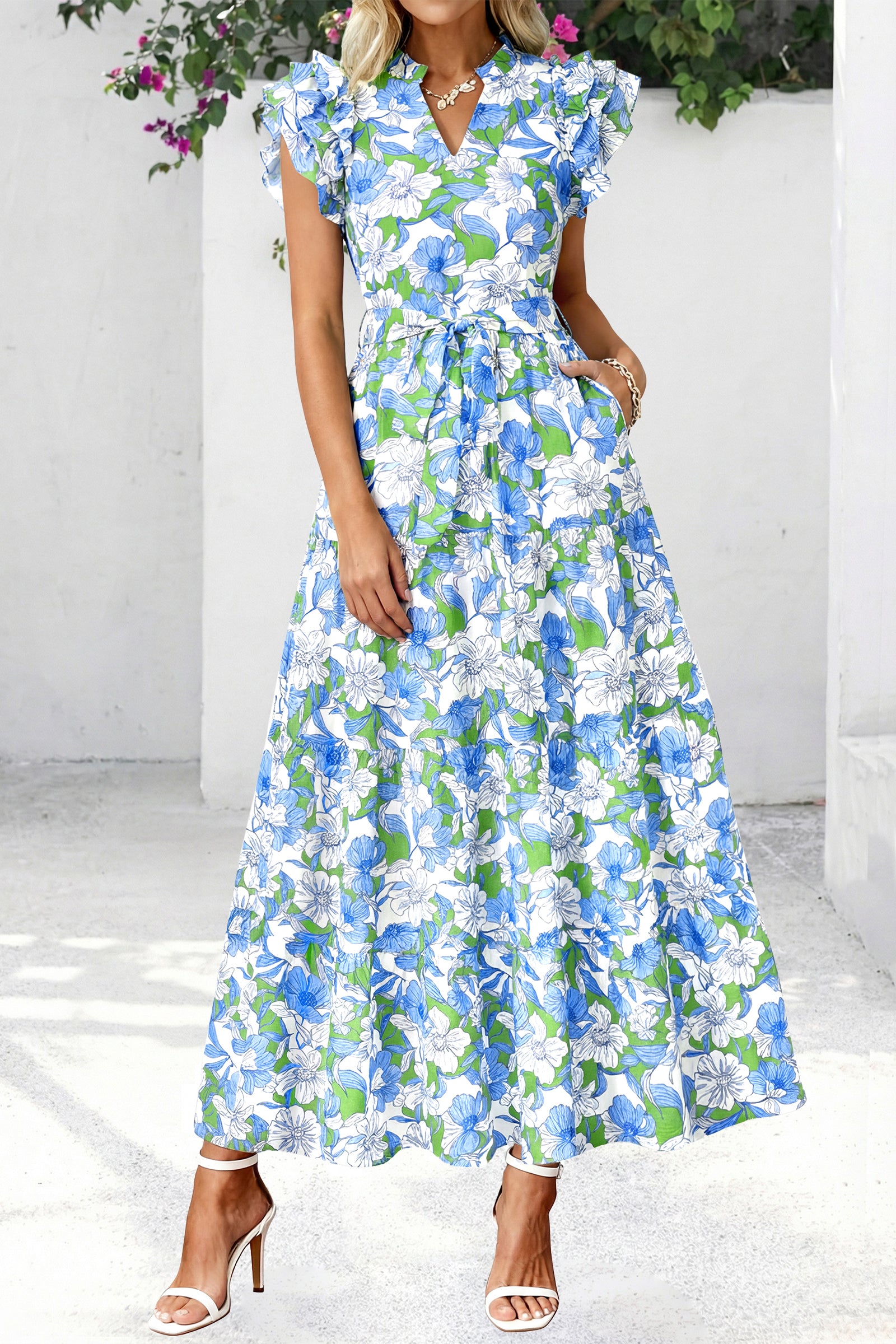 dowerme Women Summer Maxi Dresses 2026 Ruffle Sleeve V Neck Floral Boho Long Dress Belted Tiered Sundress With Pockets