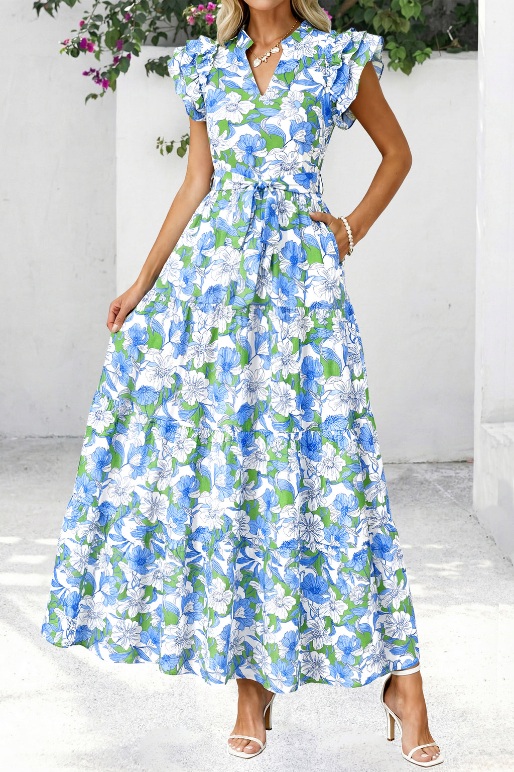 dowerme Women Summer Maxi Dresses 2026 Ruffle Sleeve V Neck Floral Boho Long Dress Belted Tiered Sundress With Pockets