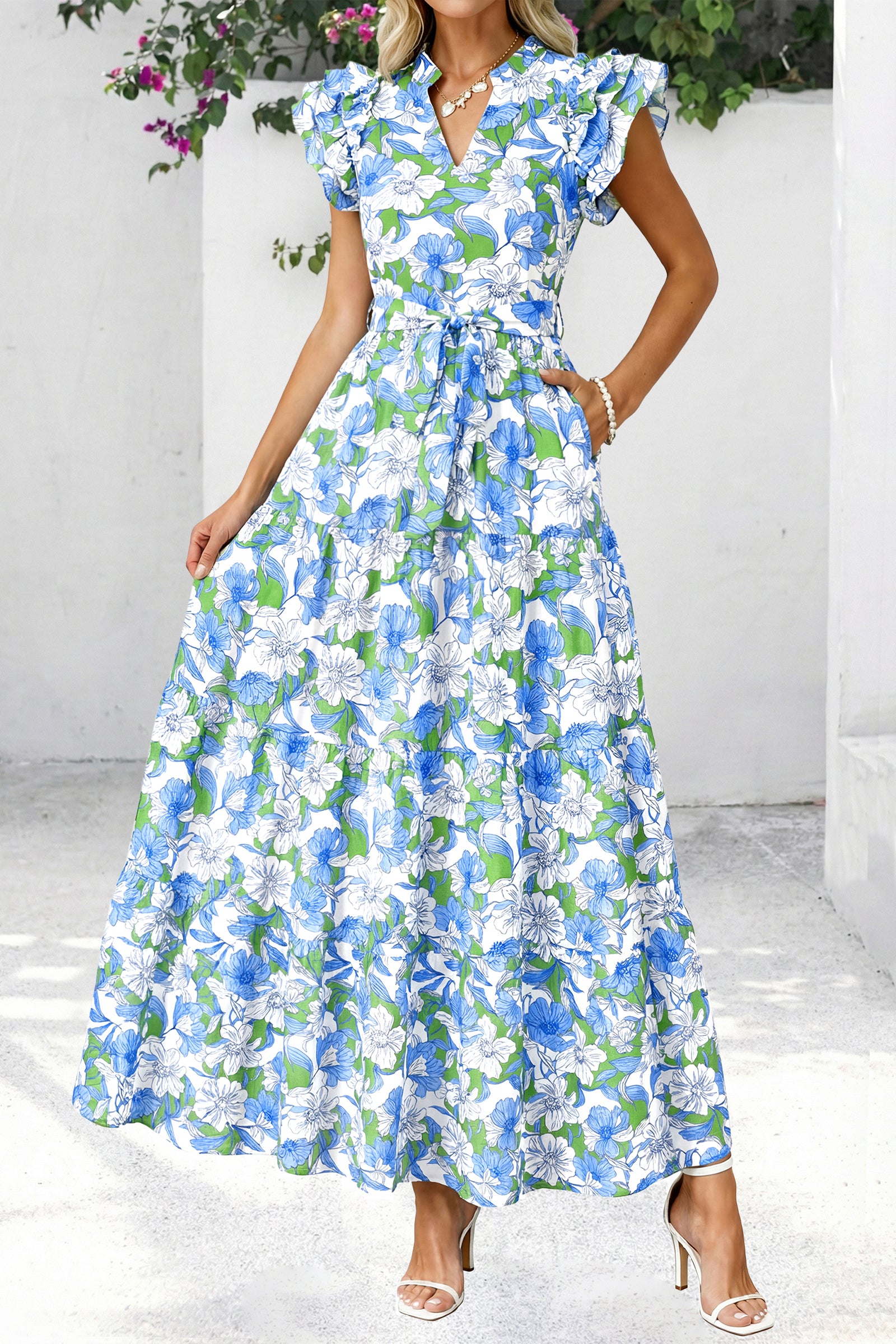 dowerme Women Summer Maxi Dresses 2026 Ruffle Sleeve V Neck Floral Boho Long Dress Belted Tiered Sundress With Pockets