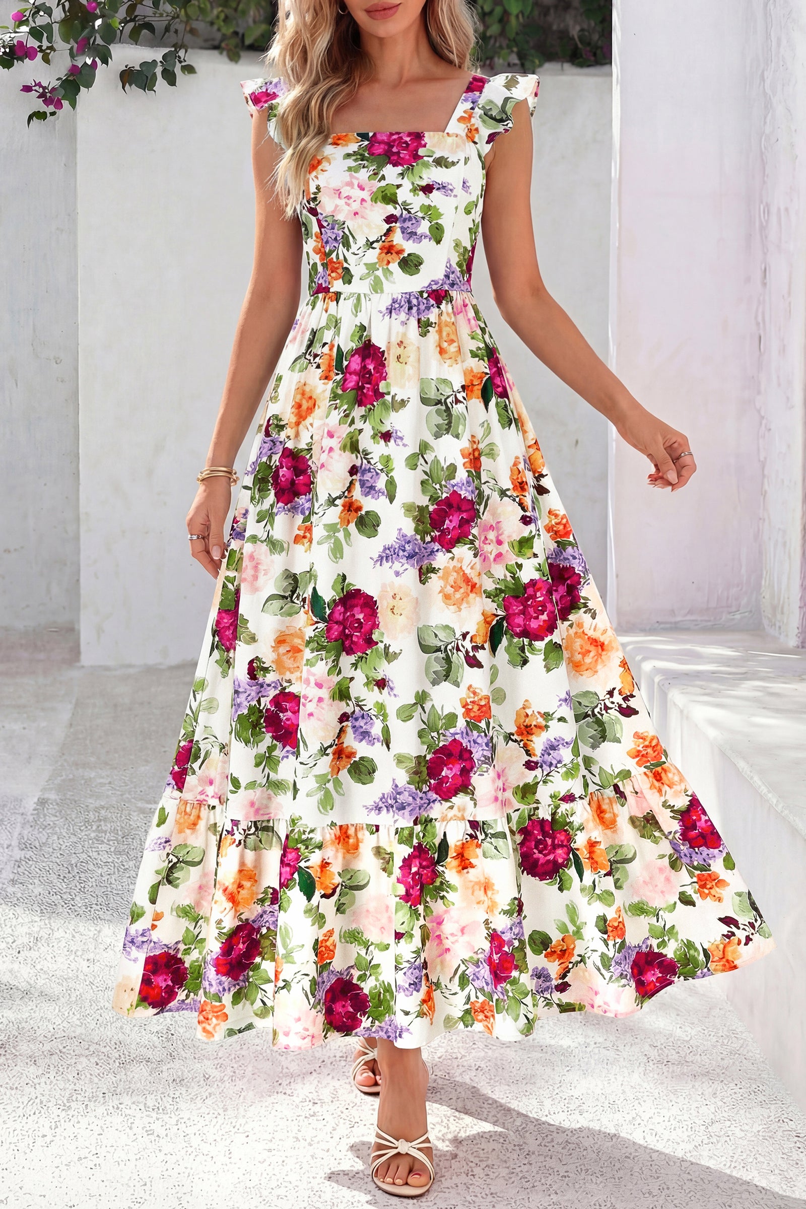 dowerme Womens Summer Dresses 2026 Ruffle Sleeve Square Neck Floral Boho Midi Dress Spring Smocked Beach Party Sundress