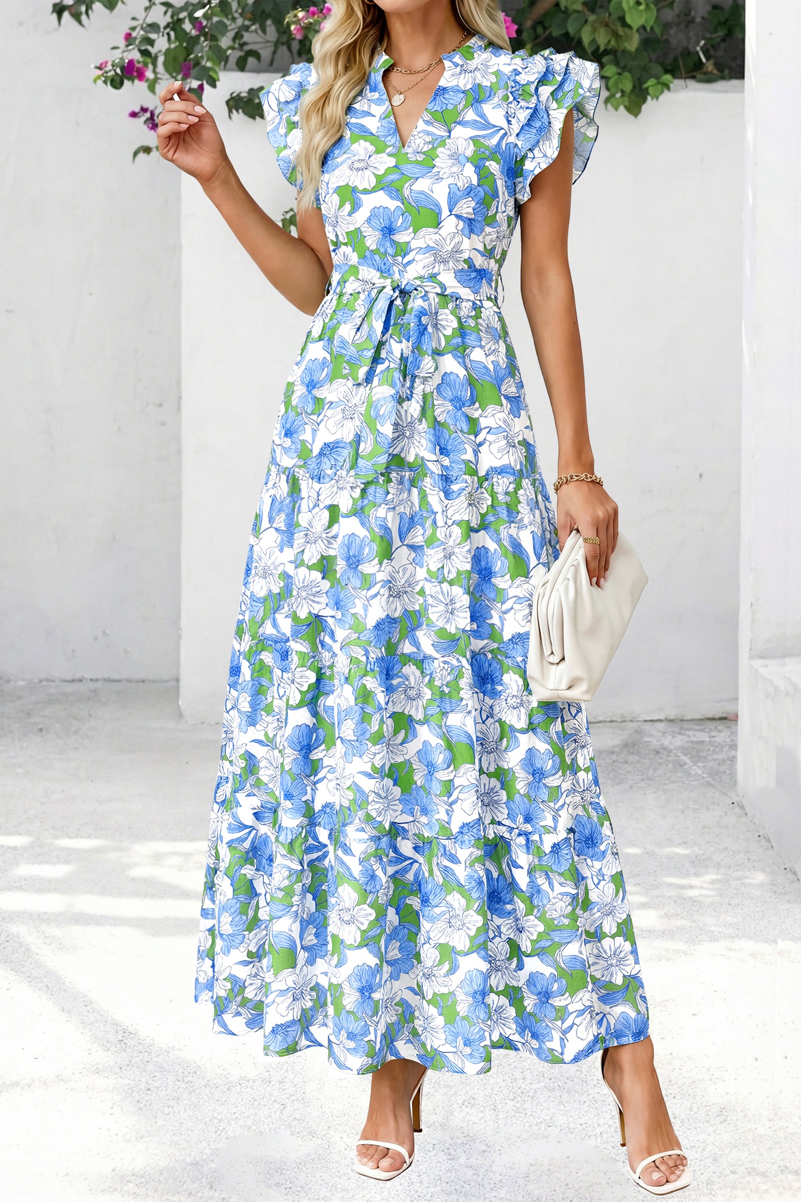 dowerme Women Summer Maxi Dresses 2026 Ruffle Sleeve V Neck Floral Boho Long Dress Belted Tiered Sundress With Pockets