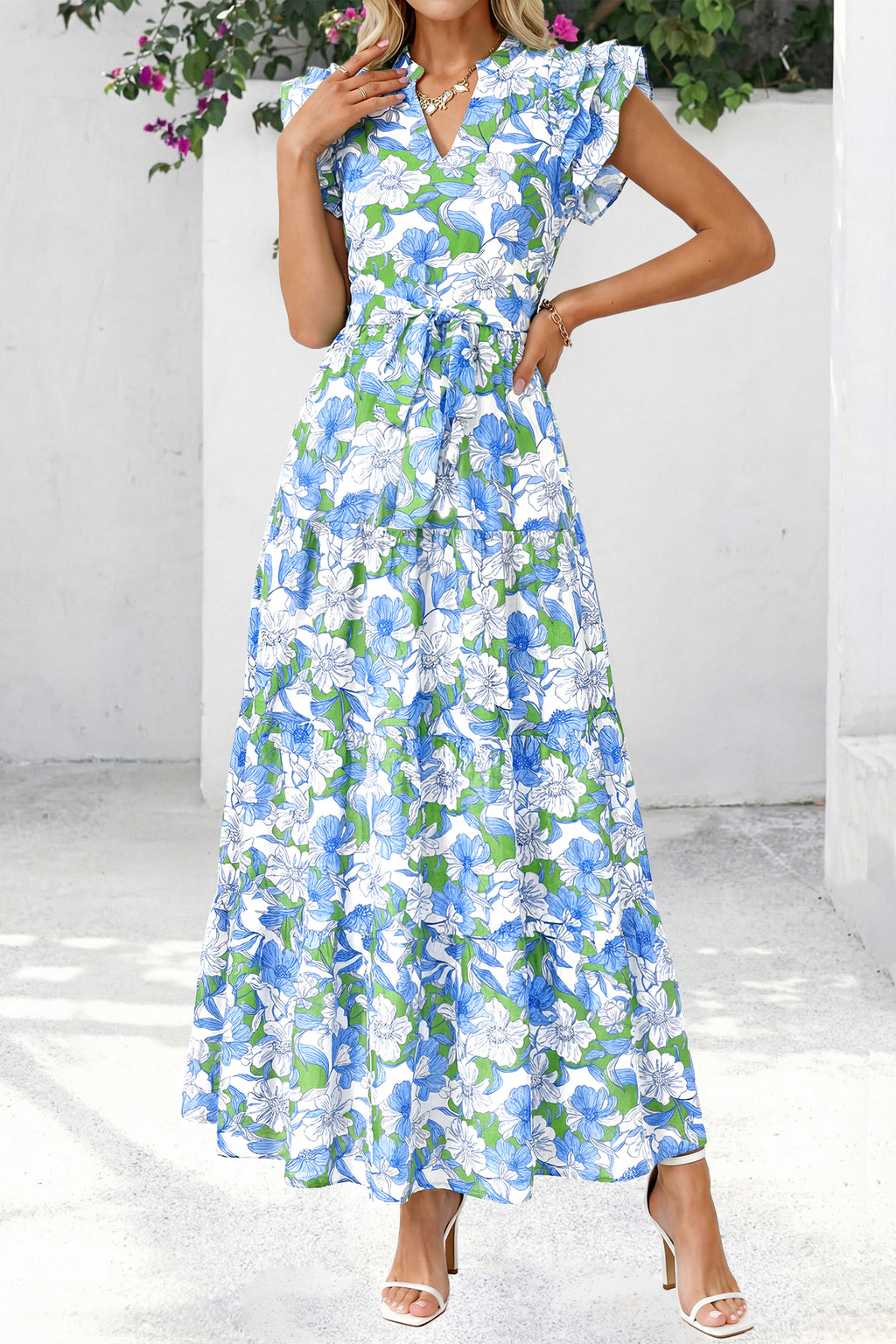 dowerme Women Summer Maxi Dresses 2026 Ruffle Sleeve V Neck Floral Boho Long Dress Belted Tiered Sundress With Pockets