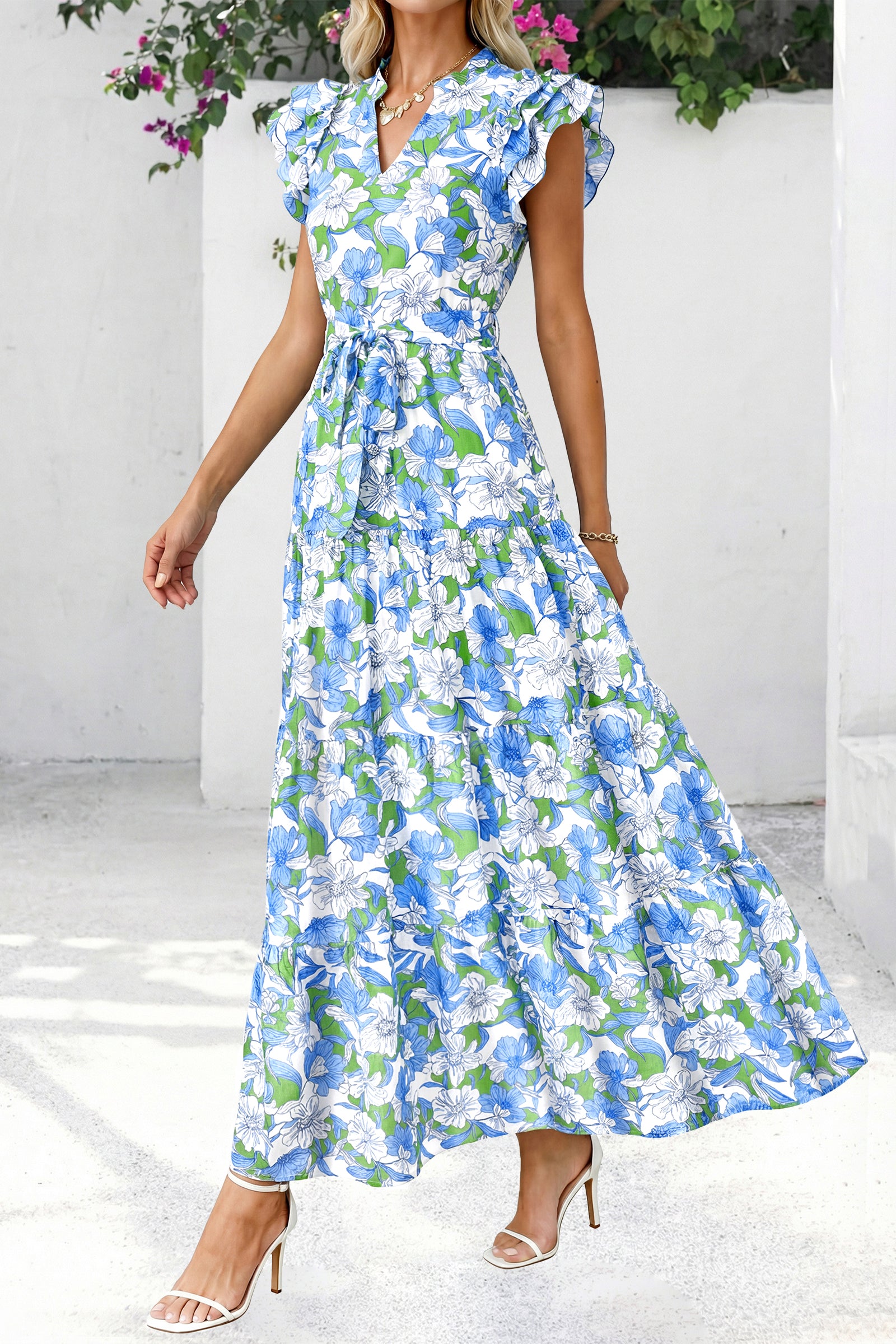 dowerme Women Summer Maxi Dresses 2026 Ruffle Sleeve V Neck Floral Boho Long Dress Belted Tiered Sundress With Pockets