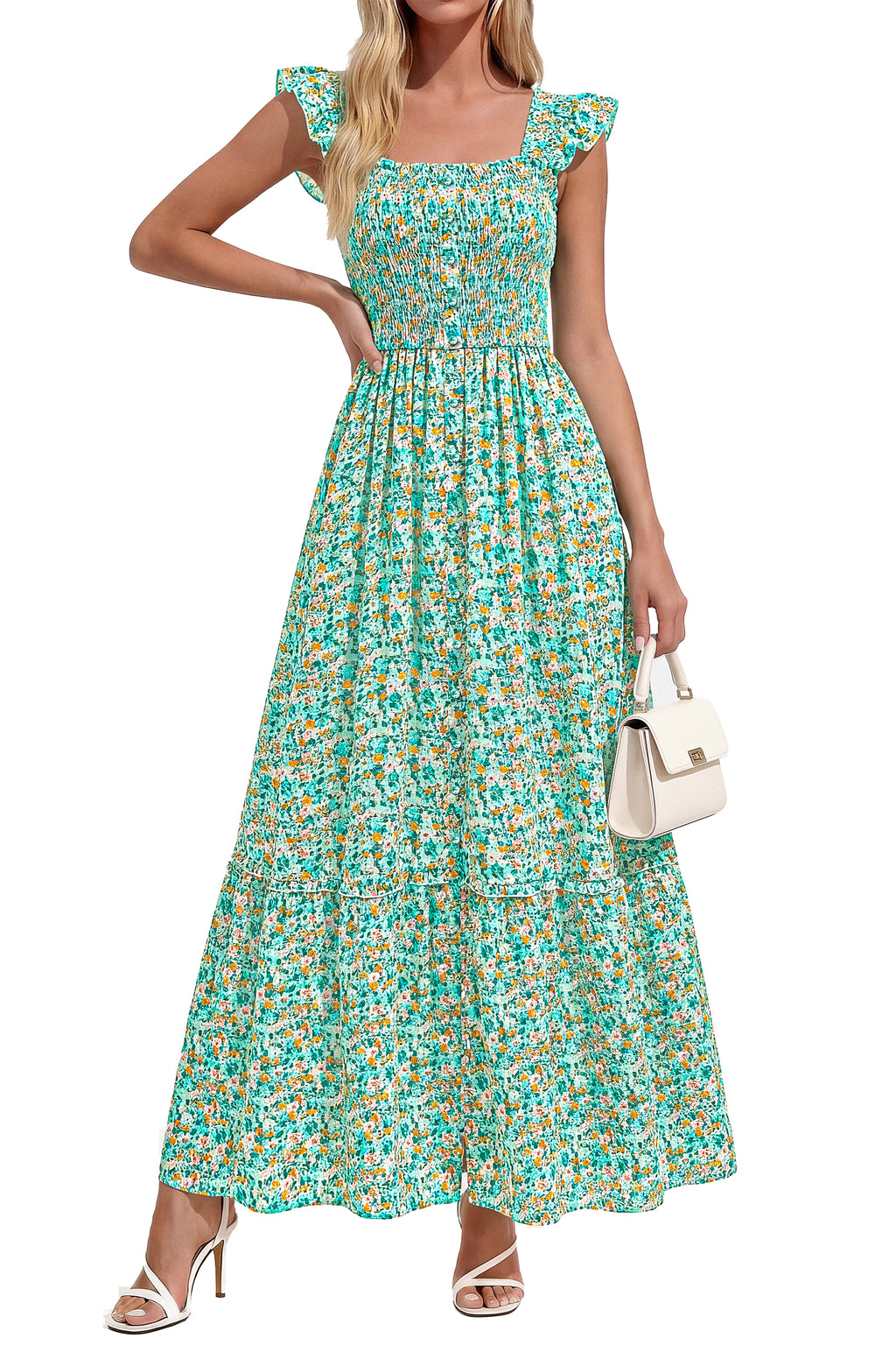 dowerme Womens Summer Maxi Dresses 2026 Casual Ruffle Sleeve Button Smocked Floral Slit Boho Dress Spring Beach Sundress