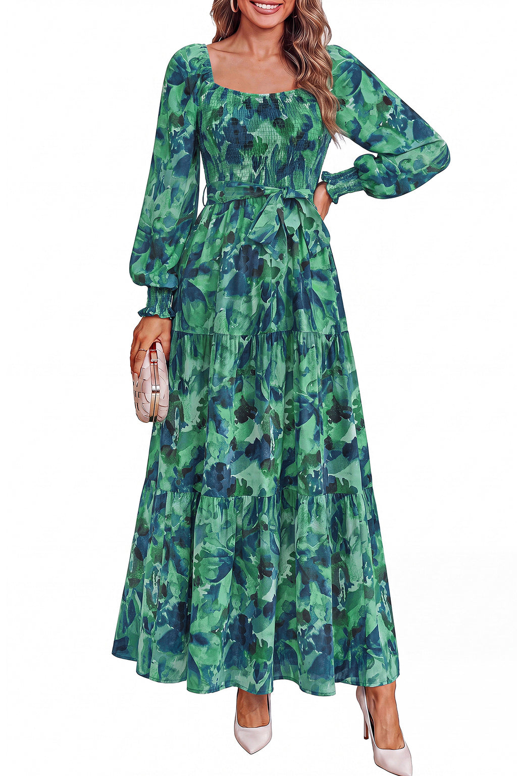 dowerme Womens Dresses Fall Fashion Puff Long Sleeve Sweetheart Neck Smocked A Line Boho Floral Wedding Guest Maxi Dress