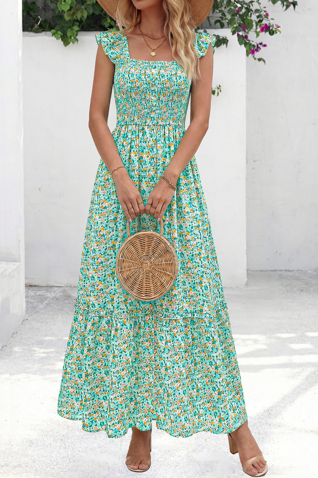 dowerme Womens Summer Maxi Dresses 2026 Casual Ruffle Sleeve Button Smocked Floral Slit Boho Dress Spring Beach Sundress