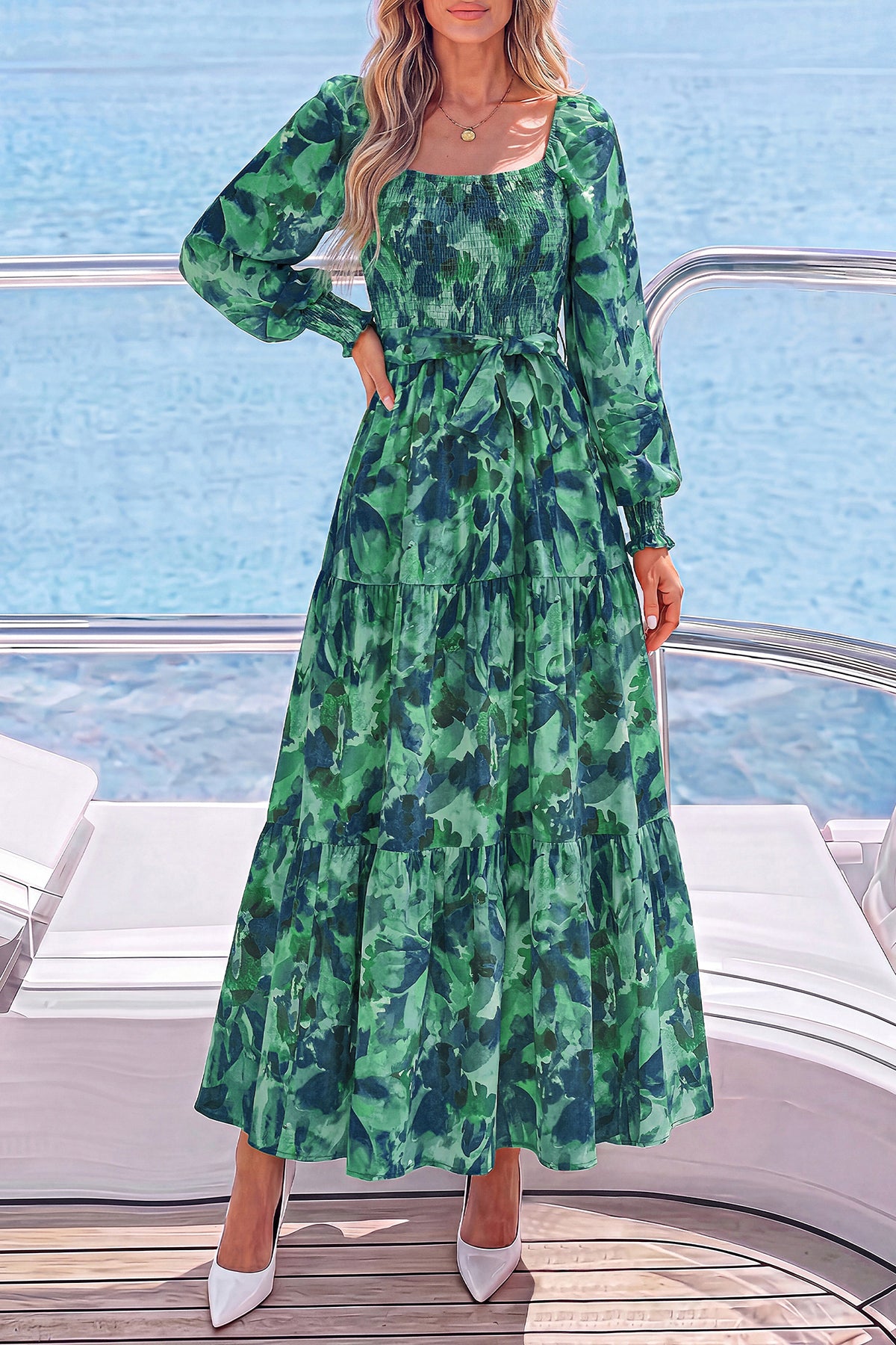 dowerme Womens Dresses Fall Fashion Puff Long Sleeve Sweetheart Neck Smocked A Line Boho Floral Wedding Guest Maxi Dress