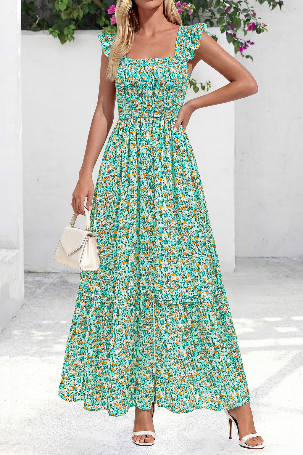 dowerme Womens Summer Maxi Dresses 2026 Casual Ruffle Sleeve Button Smocked Floral Slit Boho Dress Spring Beach Sundress