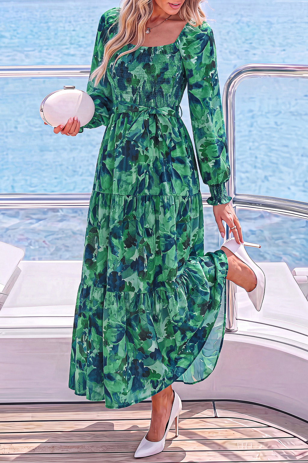 dowerme Womens Dresses Fall Fashion Puff Long Sleeve Sweetheart Neck Smocked A Line Boho Floral Wedding Guest Maxi Dress