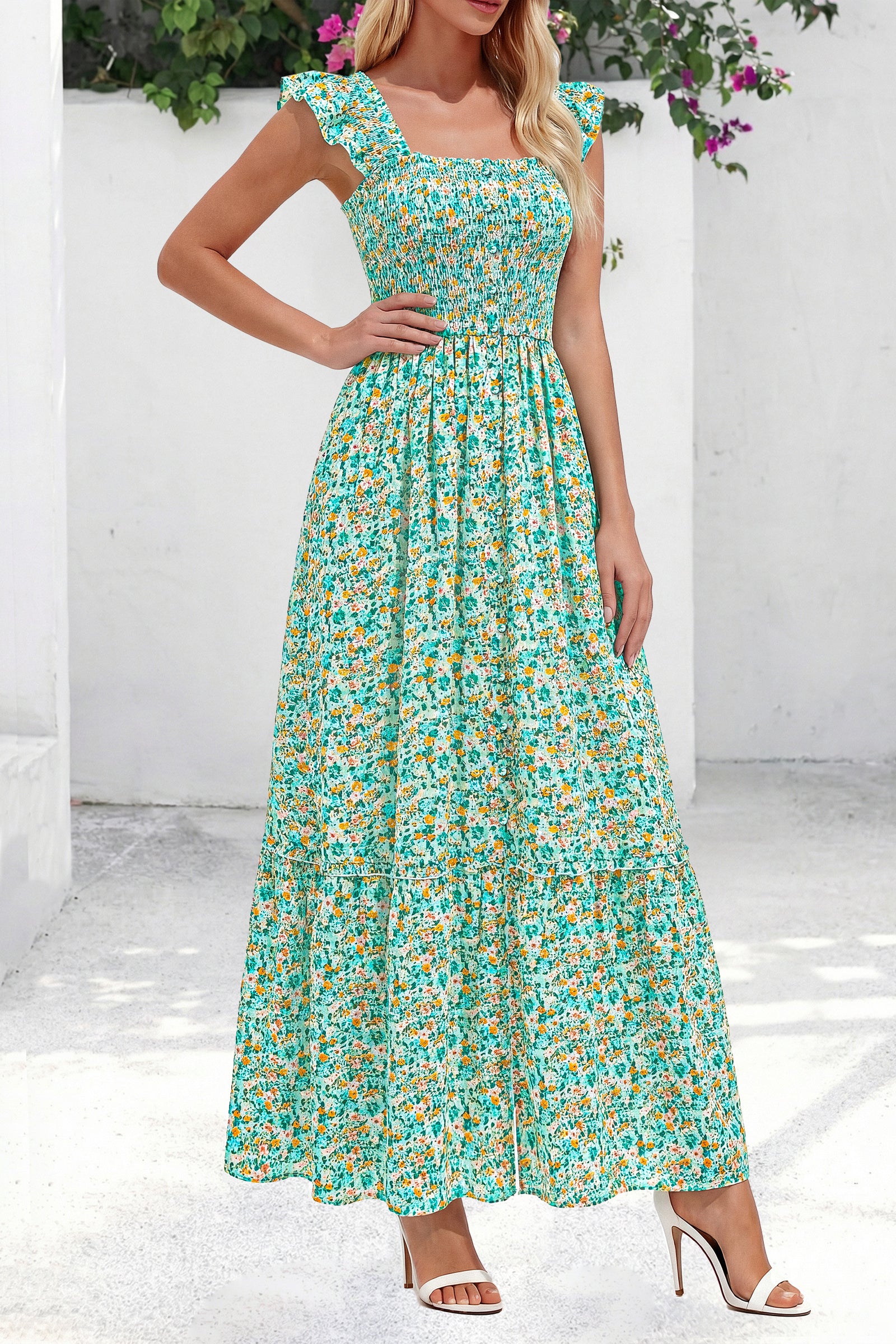 dowerme Womens Summer Maxi Dresses 2026 Casual Ruffle Sleeve Button Smocked Floral Slit Boho Dress Spring Beach Sundress