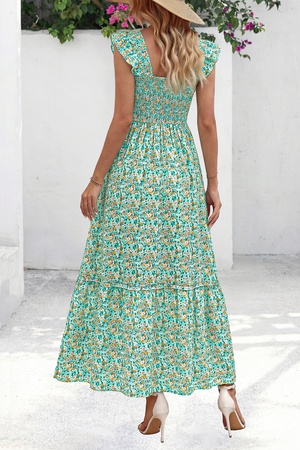 dowerme Womens Summer Maxi Dresses 2026 Casual Ruffle Sleeve Button Smocked Floral Slit Boho Dress Spring Beach Sundress