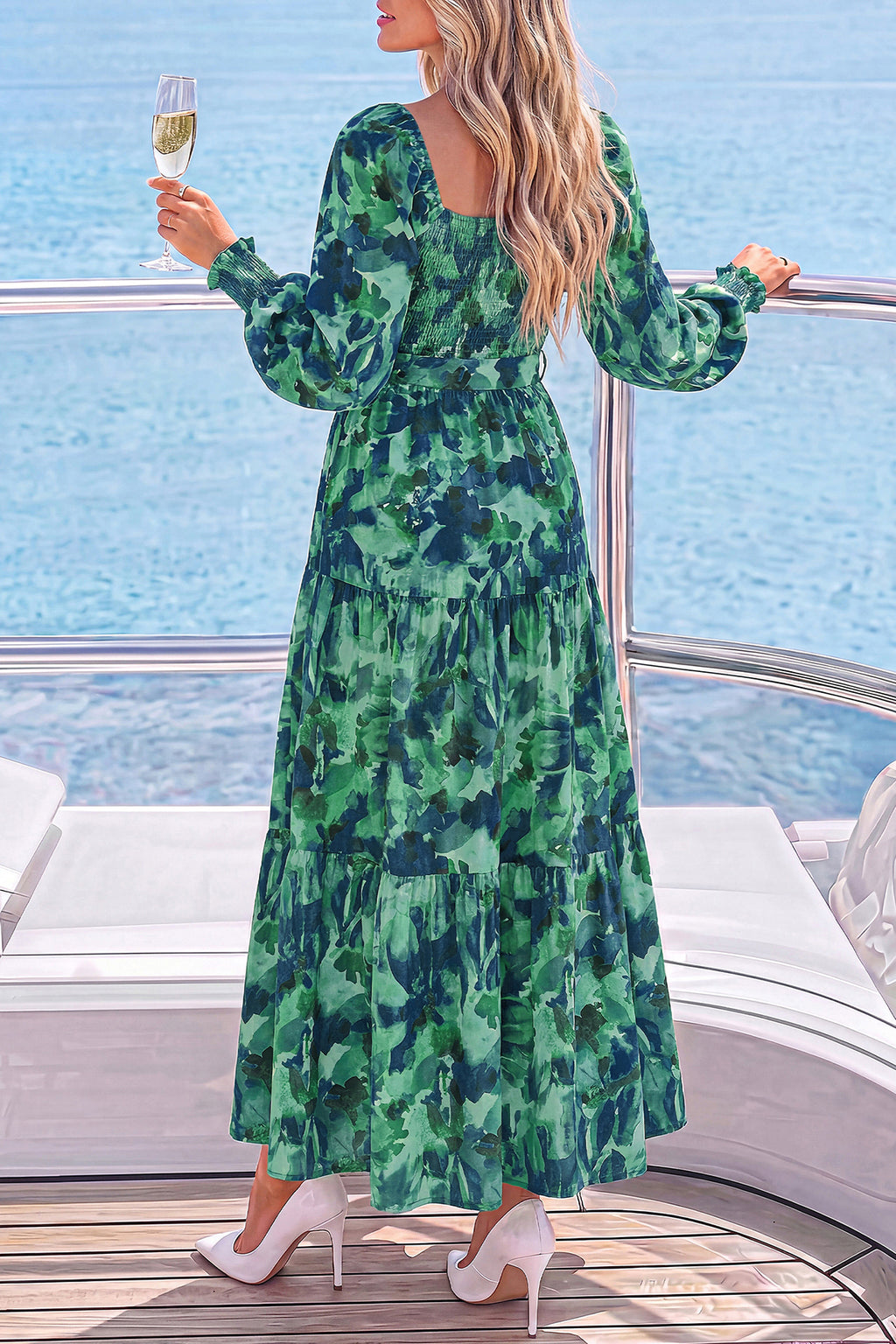 dowerme Womens Dresses Fall Fashion Puff Long Sleeve Sweetheart Neck Smocked A Line Boho Floral Wedding Guest Maxi Dress