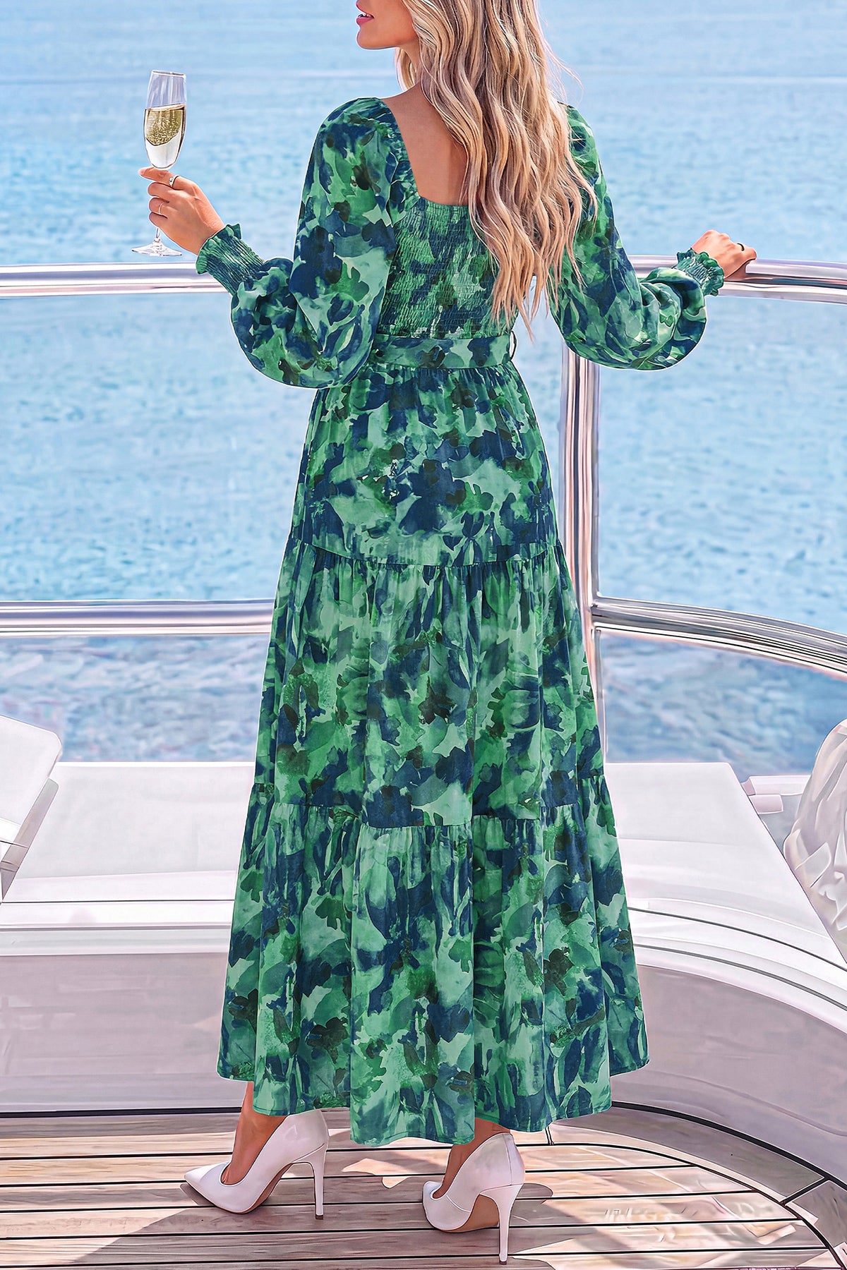 dowerme Womens Dresses Fall Fashion Puff Long Sleeve Sweetheart Neck Smocked A Line Boho Floral Wedding Guest Maxi Dress