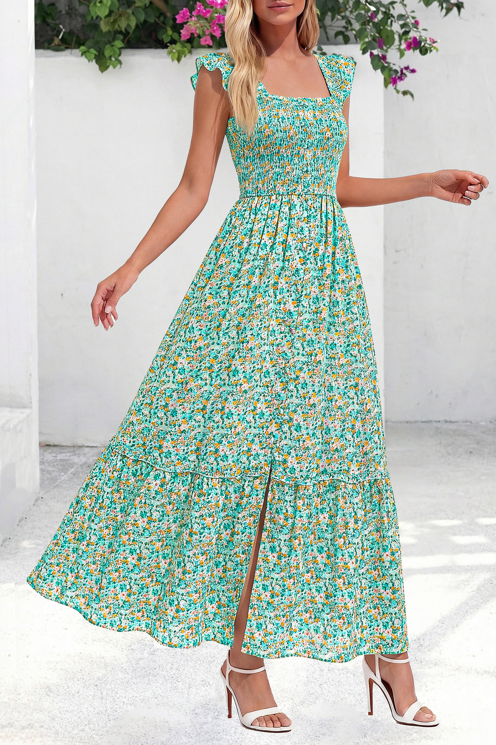 dowerme Womens Summer Maxi Dresses 2026 Casual Ruffle Sleeve Button Smocked Floral Slit Boho Dress Spring Beach Sundress