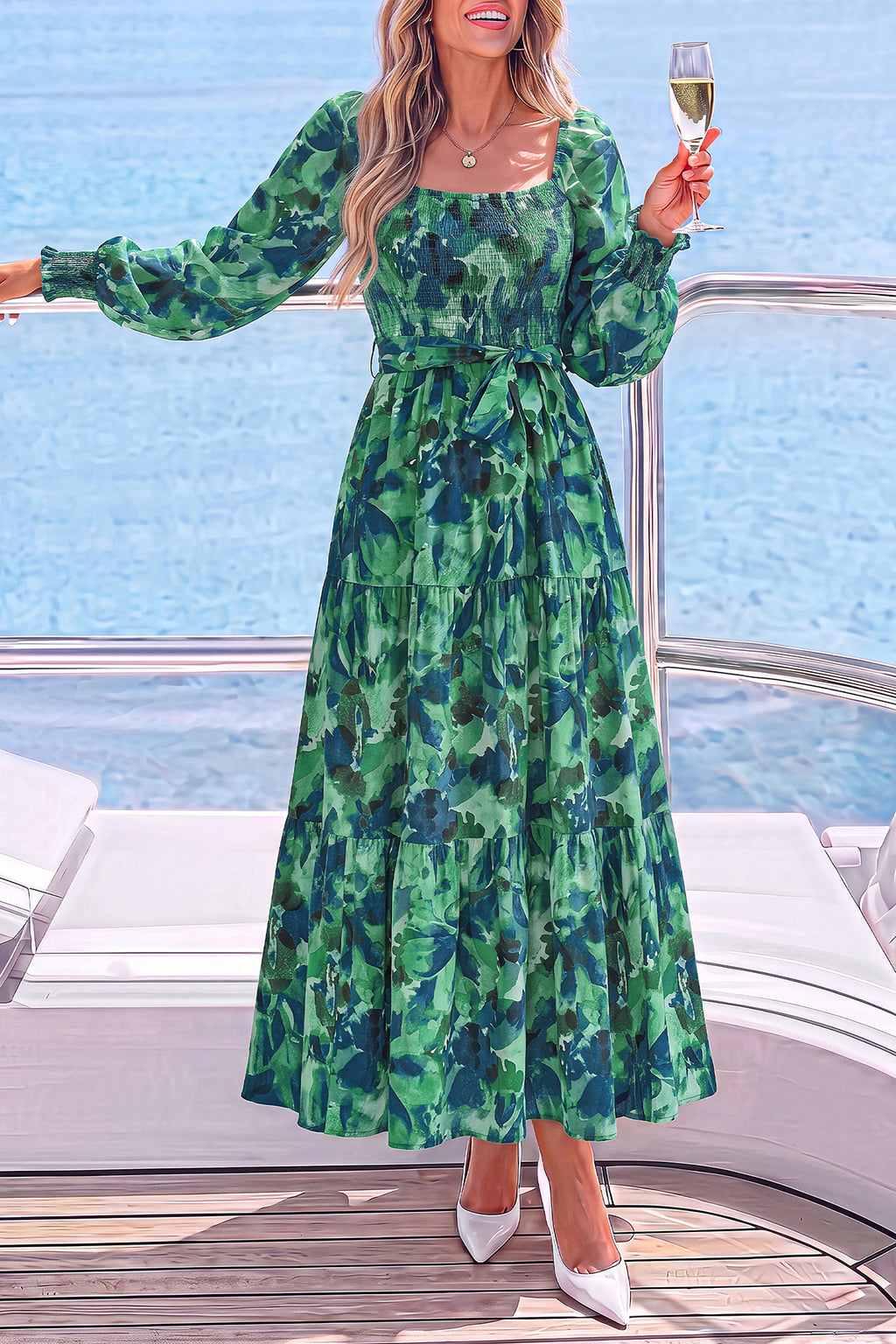 dowerme Womens Dresses Fall Fashion Puff Long Sleeve Sweetheart Neck Smocked A Line Boho Floral Wedding Guest Maxi Dress