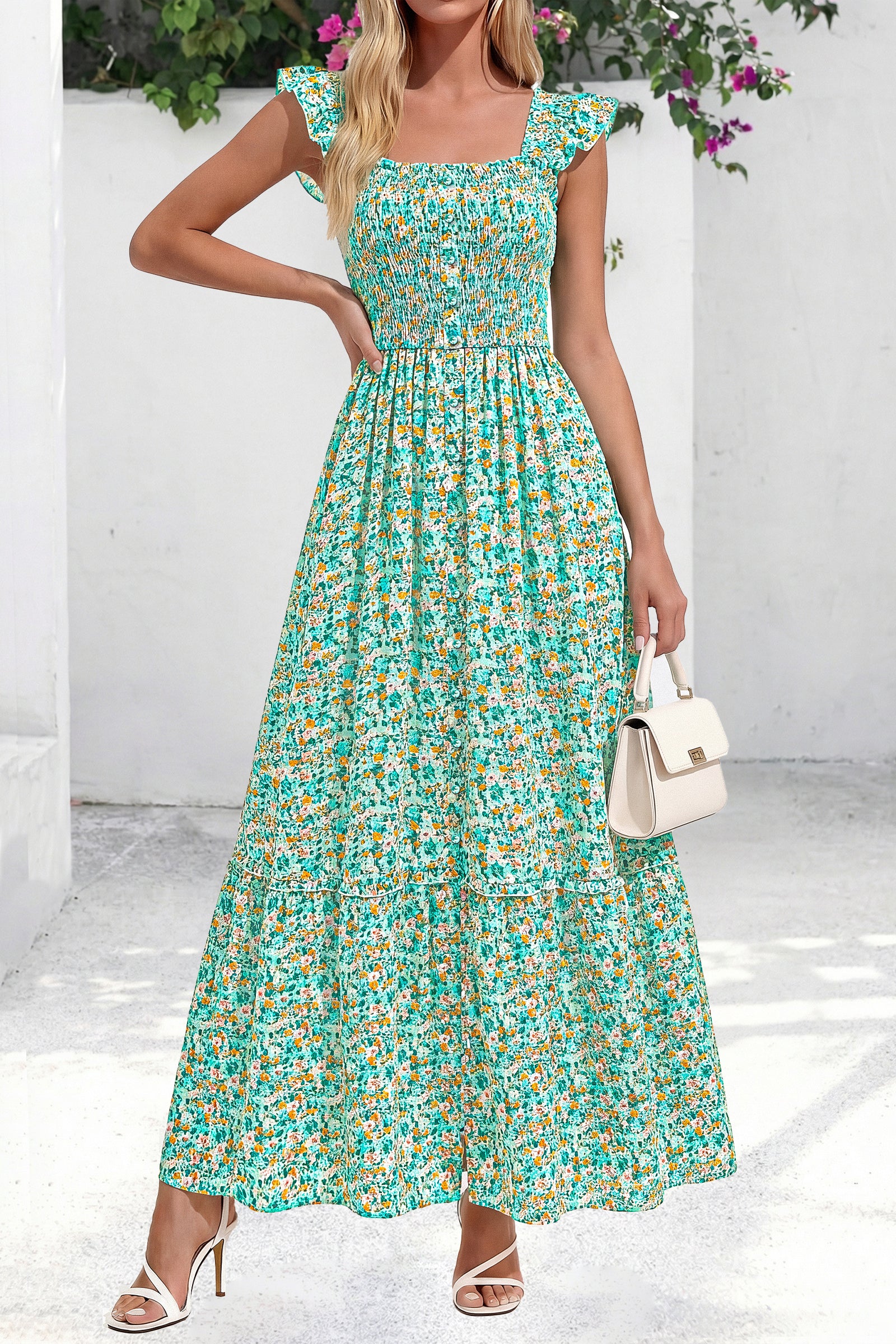 dowerme Womens Summer Maxi Dresses 2026 Casual Ruffle Sleeve Button Smocked Floral Slit Boho Dress Spring Beach Sundress