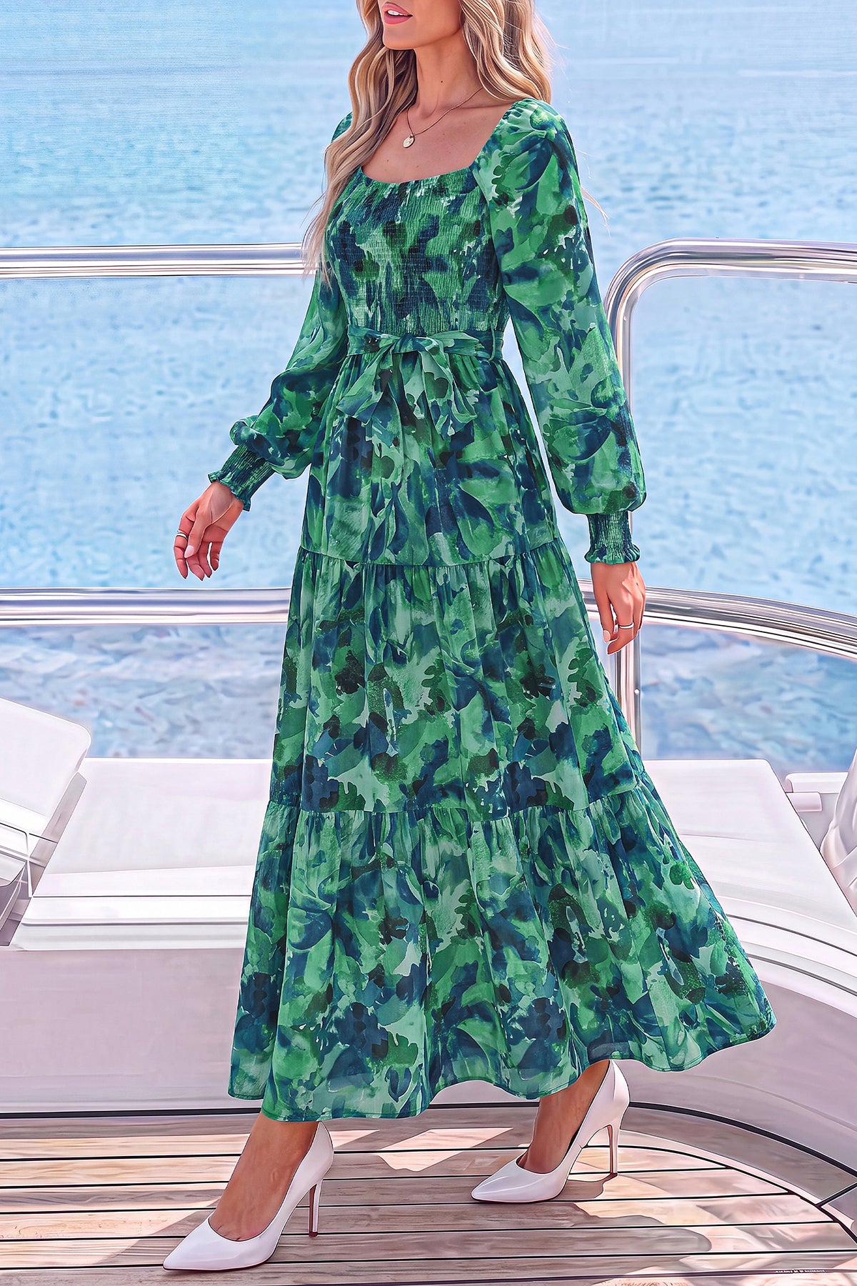 dowerme Womens Dresses Fall Fashion Puff Long Sleeve Sweetheart Neck Smocked A Line Boho Floral Wedding Guest Maxi Dress