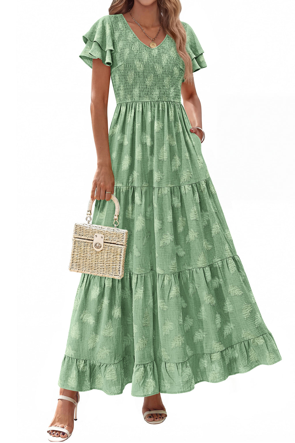 dowerme Maxi Dresses For Women 2026 Summer Ruffle Sleeve V Neck Smocked A Line Floral Boho Tiered Sundress Spring Outfit