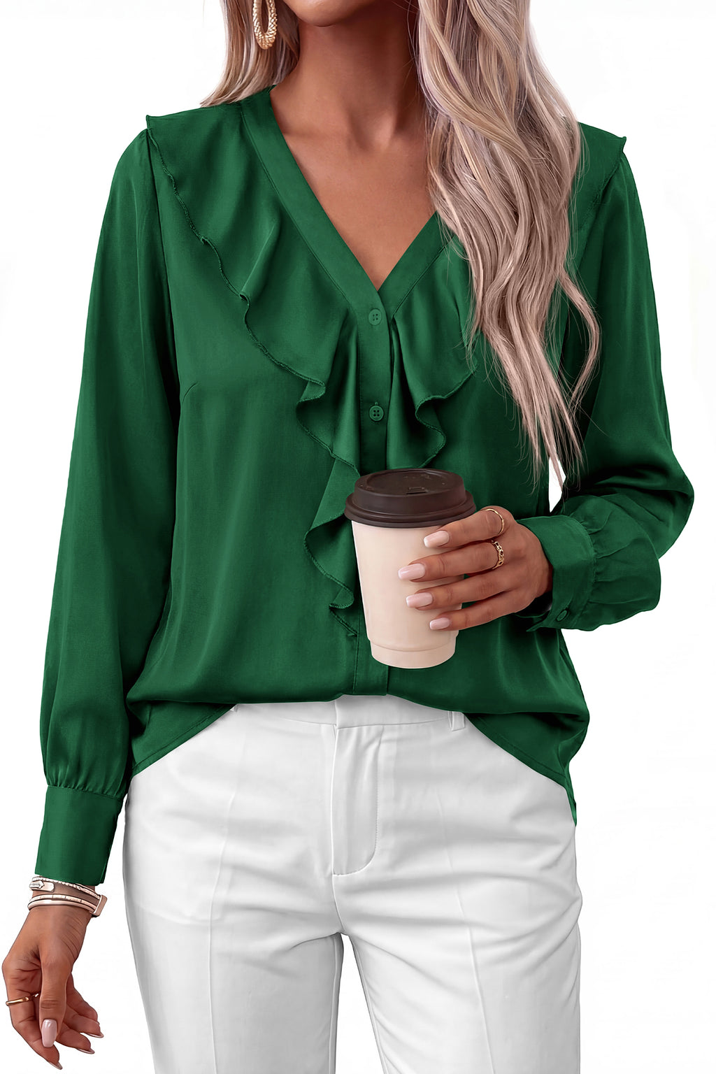 dowerme Womens Long Sleeve Tops Satin Ruffle Button Shirts