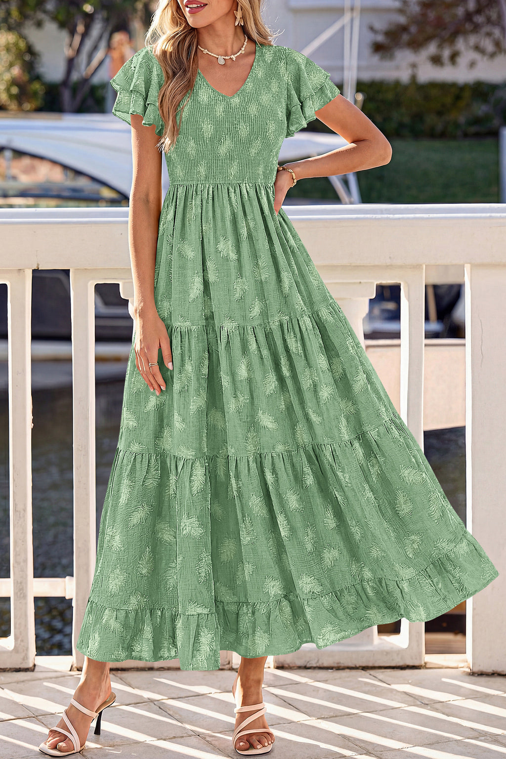 dowerme Maxi Dresses For Women 2026 Summer Ruffle Sleeve V Neck Smocked A Line Floral Boho Tiered Sundress Spring Outfit