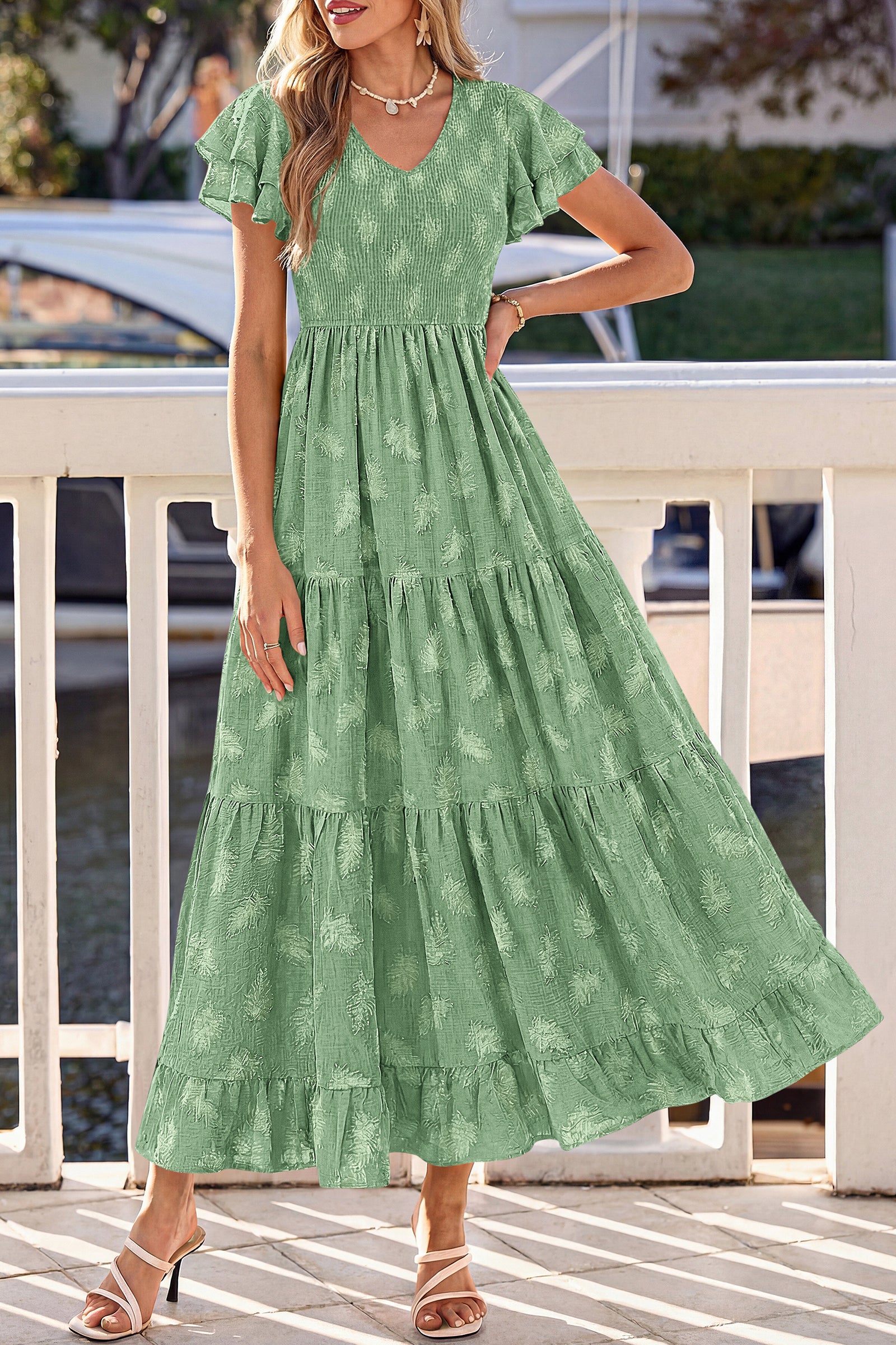 dowerme Maxi Dresses For Women 2026 Summer Ruffle Sleeve V Neck Smocked A Line Floral Boho Tiered Sundress Spring Outfit