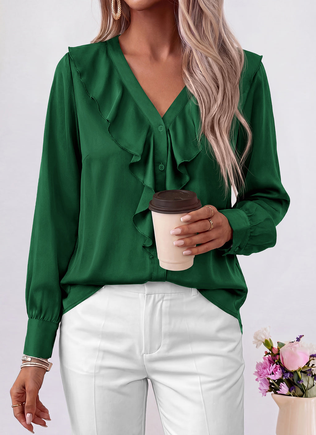 dowerme Womens Long Sleeve Tops Satin Ruffle Button Shirts