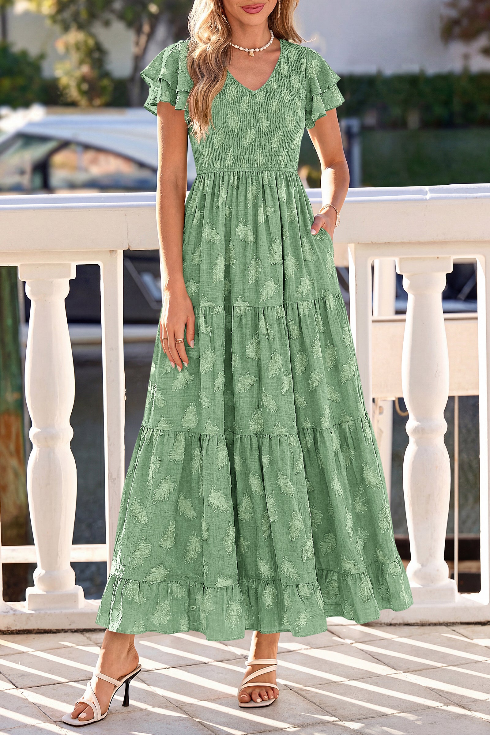 dowerme Maxi Dresses For Women 2026 Summer Ruffle Sleeve V Neck Smocked A Line Floral Boho Tiered Sundress Spring Outfit