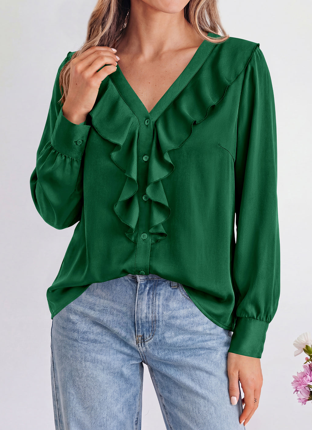 dowerme Womens Long Sleeve Tops Satin Ruffle Button Shirts