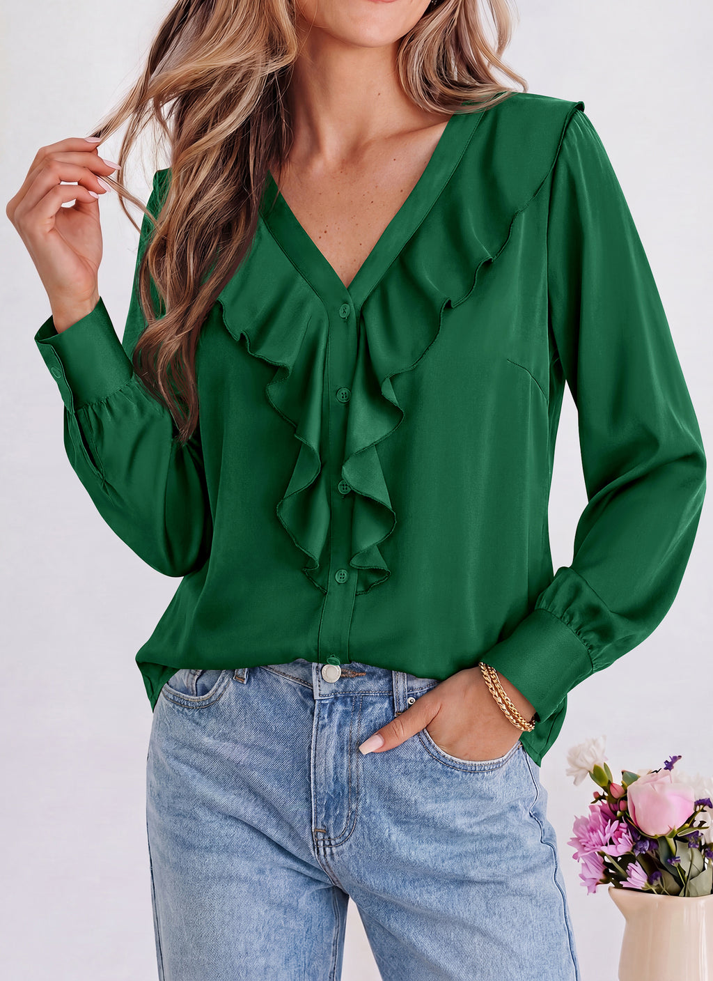 dowerme Womens Long Sleeve Tops Satin Ruffle Button Shirts