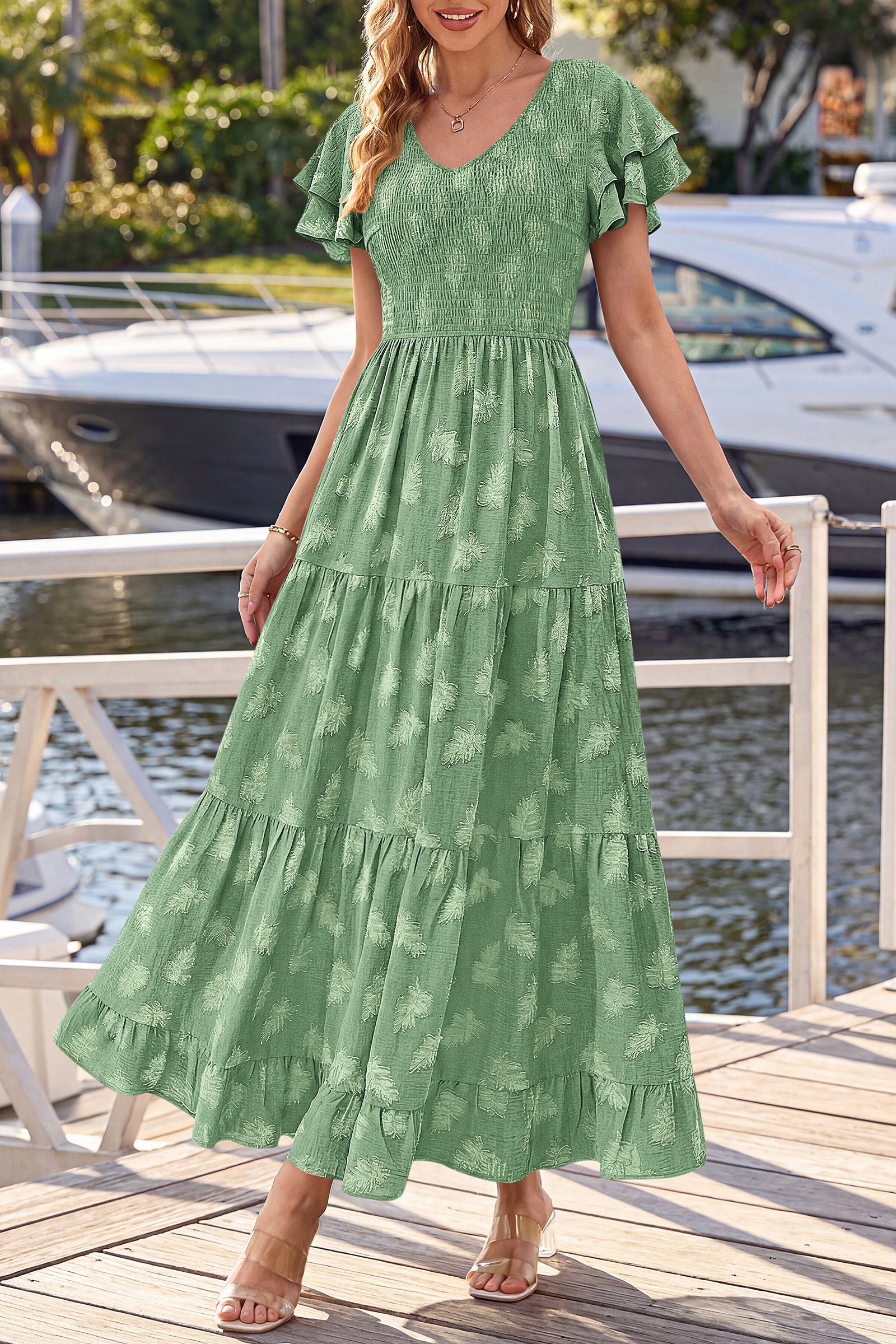 dowerme Maxi Dresses For Women 2026 Summer Ruffle Sleeve V Neck Smocked A Line Floral Boho Tiered Sundress Spring Outfit