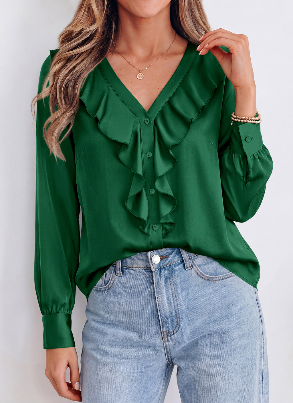 dowerme Womens Long Sleeve Tops Satin Ruffle Button Shirts
