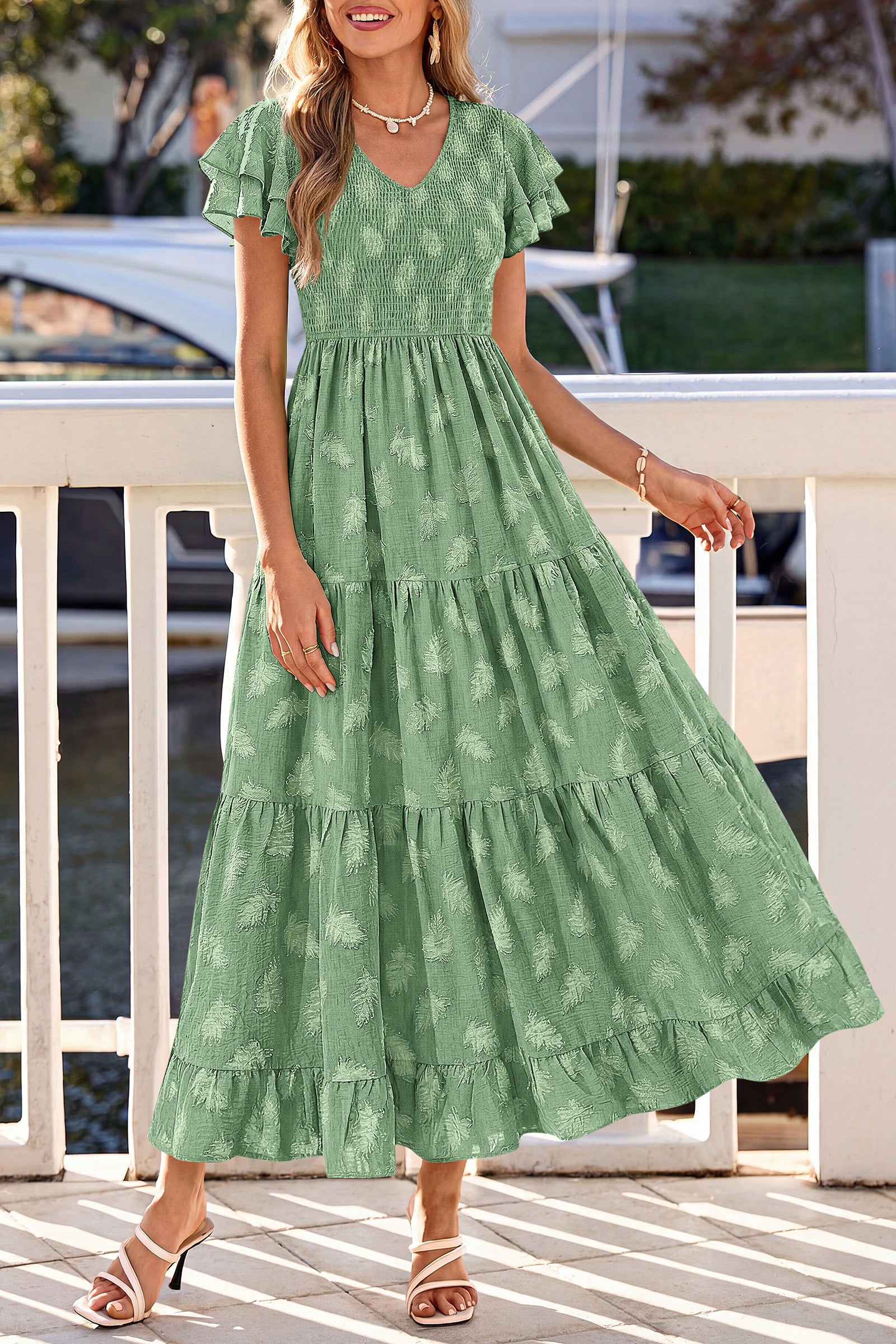 dowerme Maxi Dresses For Women 2026 Summer Ruffle Sleeve V Neck Smocked A Line Floral Boho Tiered Sundress Spring Outfit